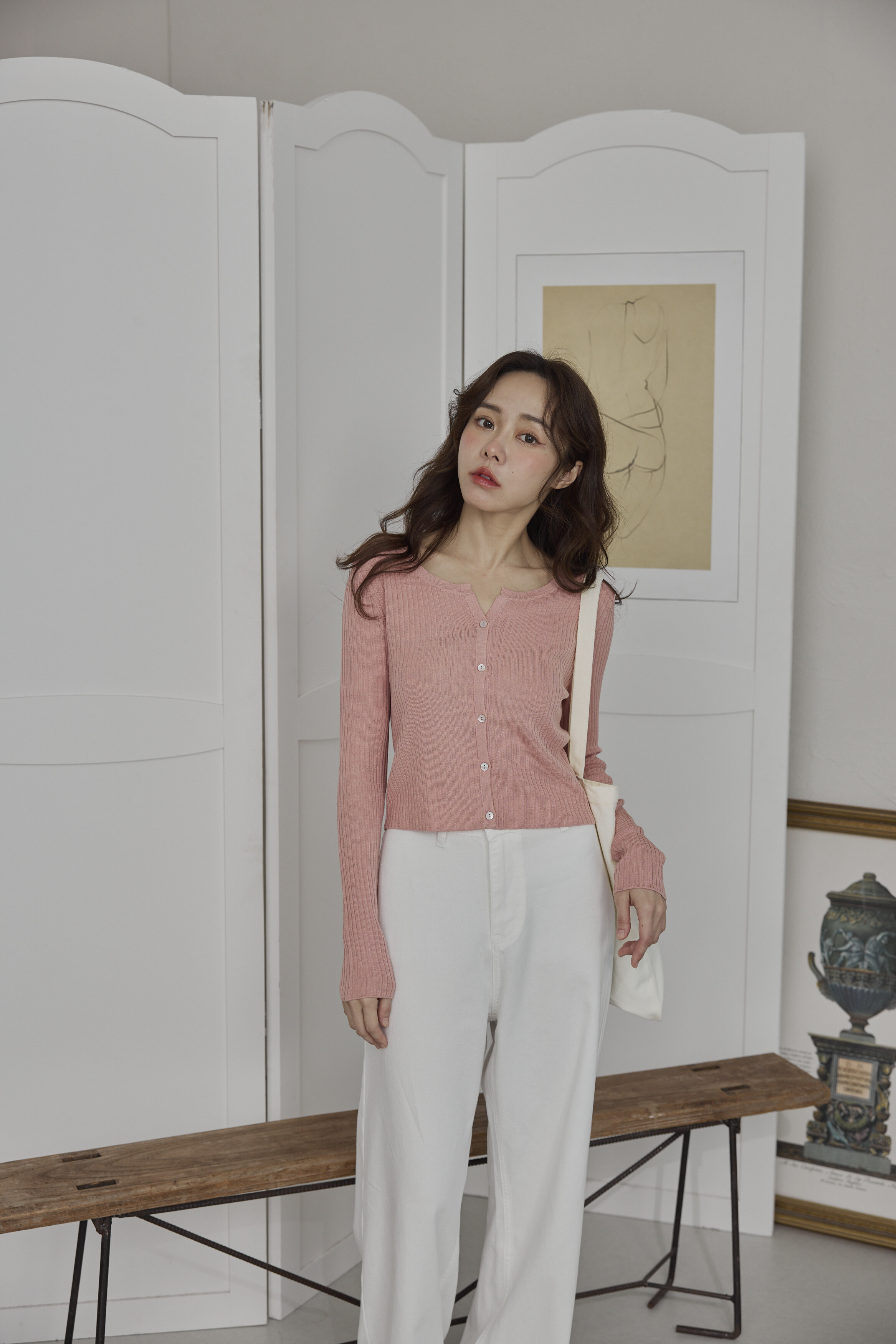 優雅開襟針織（櫻花粉）