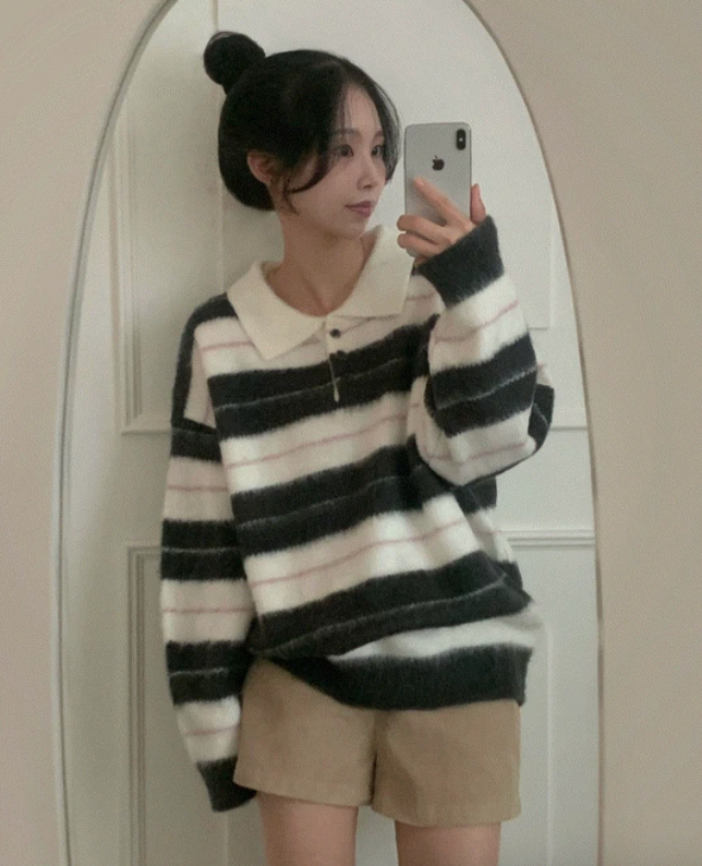 早秋預訂｜毛毛條紋拼色領扣寬鬆羊毛針織衫