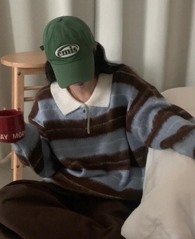 早秋預訂｜毛毛條紋拼色領扣寬鬆羊毛針織衫