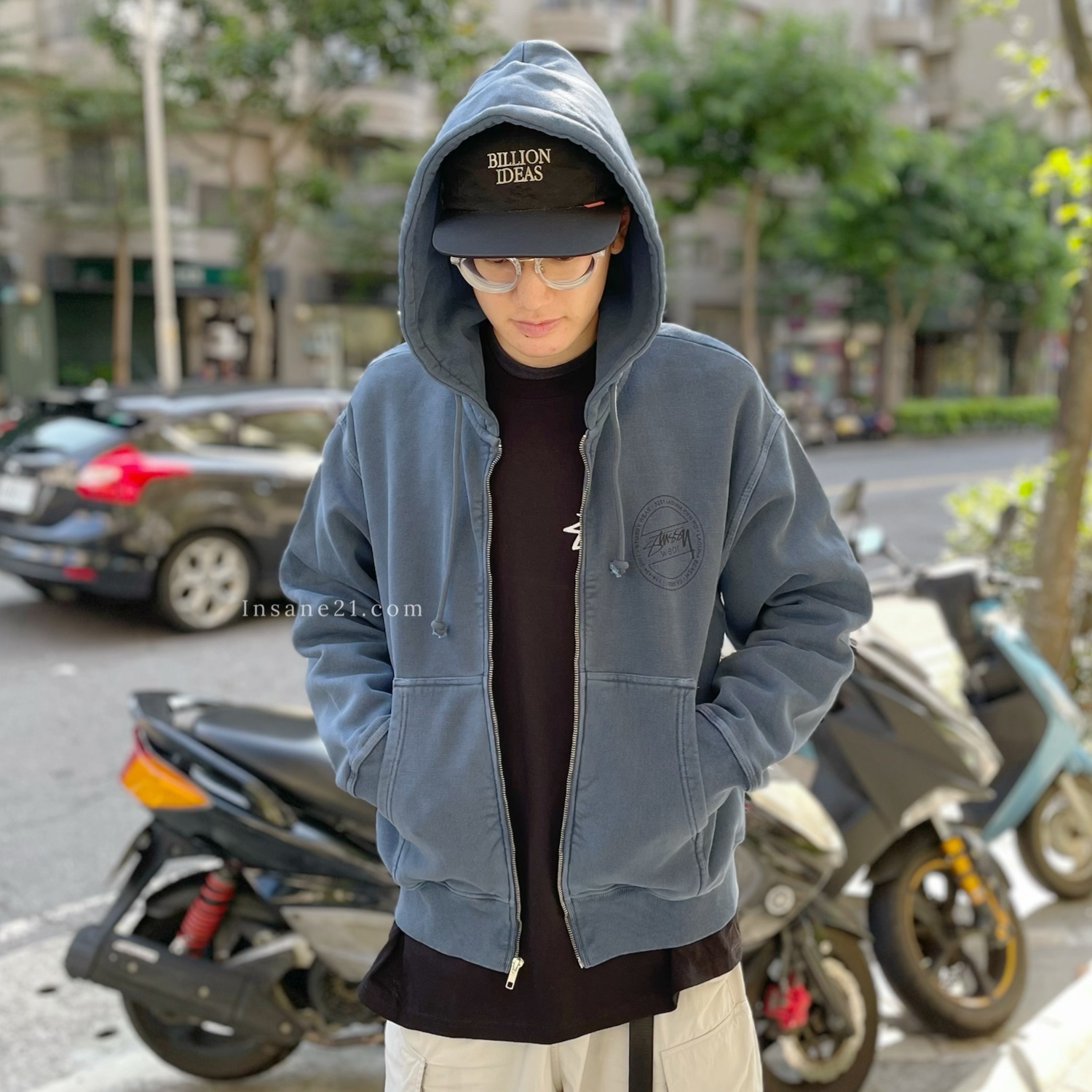 STUSSY 圓標LOGO 深藍 靛藍色 連帽外套 拉鍊 秋冬限定 復古 潮牌服飾