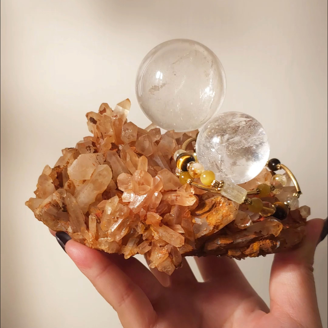 13cm橘紅雙球座晶簇 C379