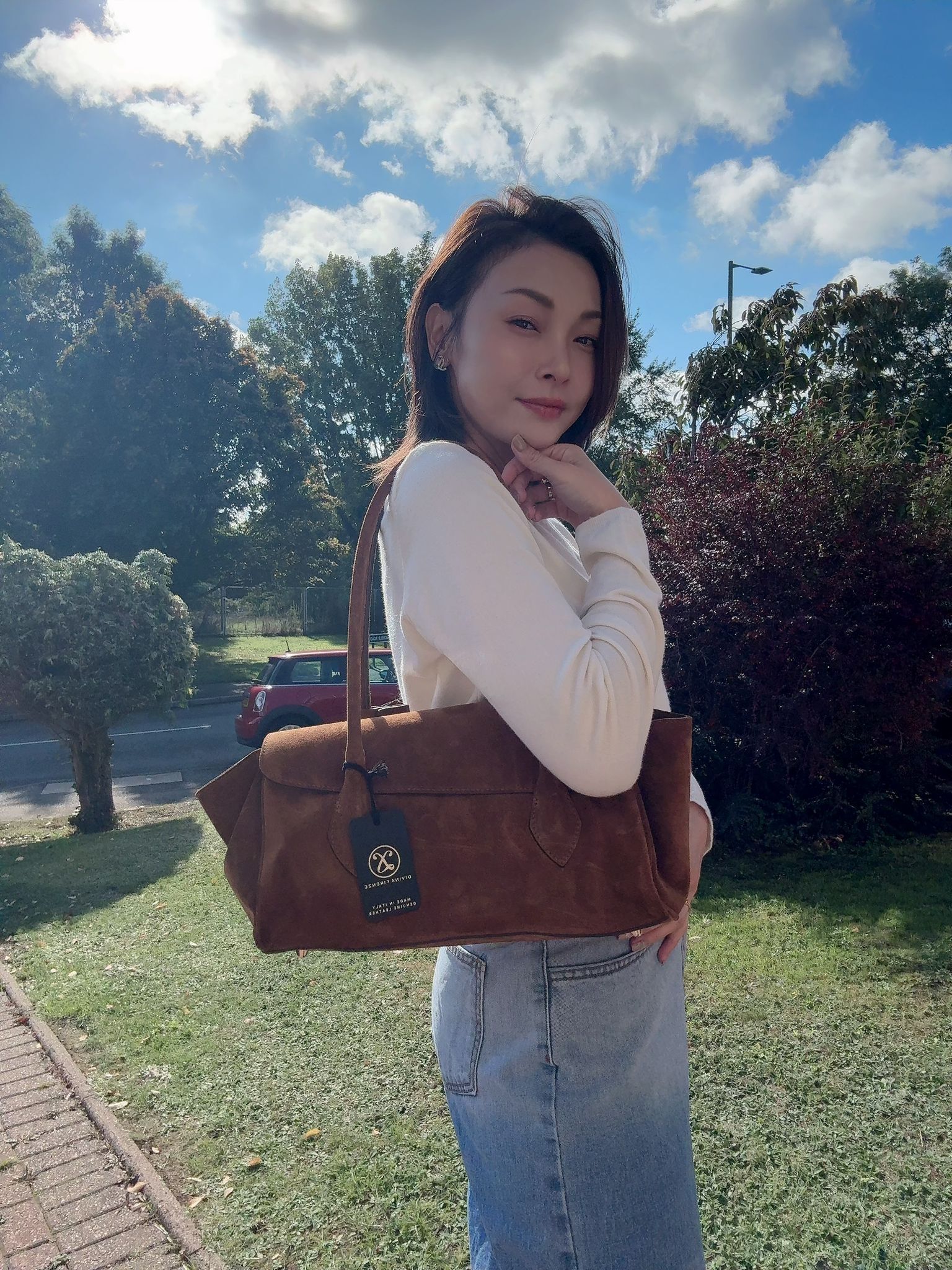 英國代購 (獨立訂單)-DIVINA FIRENZE Brown Suede Shoulder&nbsp;Bag Made in Italy