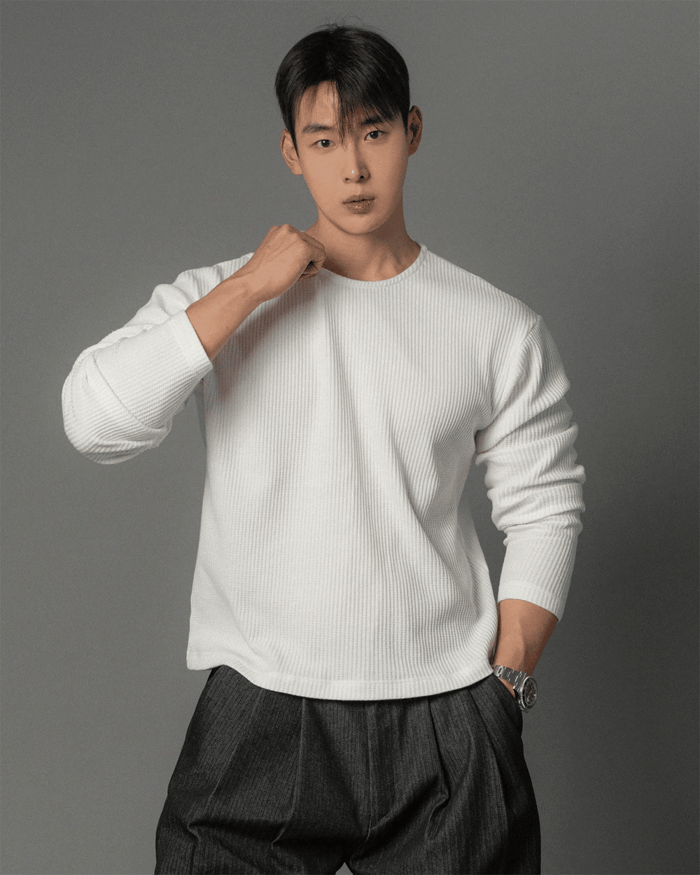 短款華夫格肌肉長袖上衣