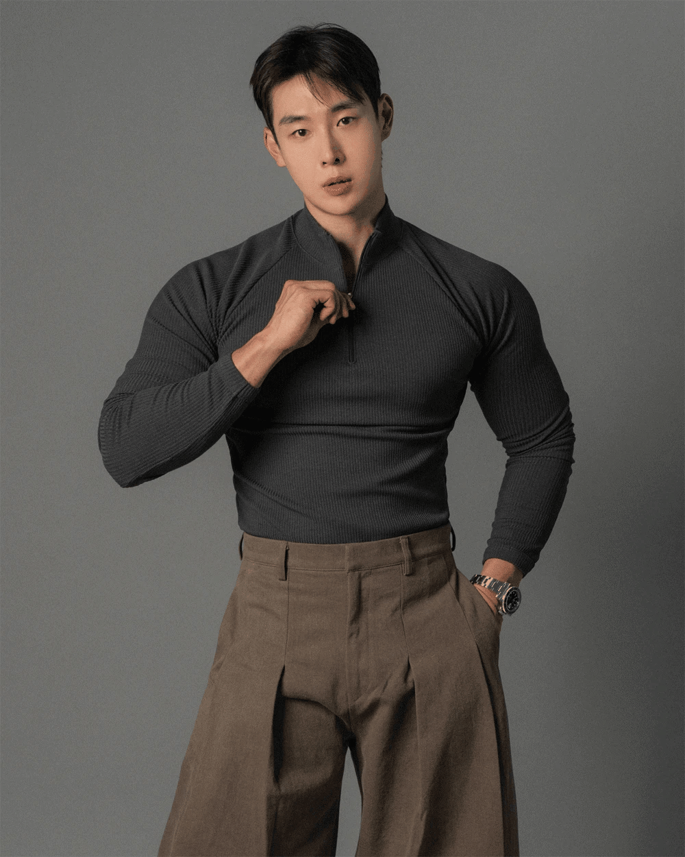 插肩袖肌肉半拉鍊長袖上衣