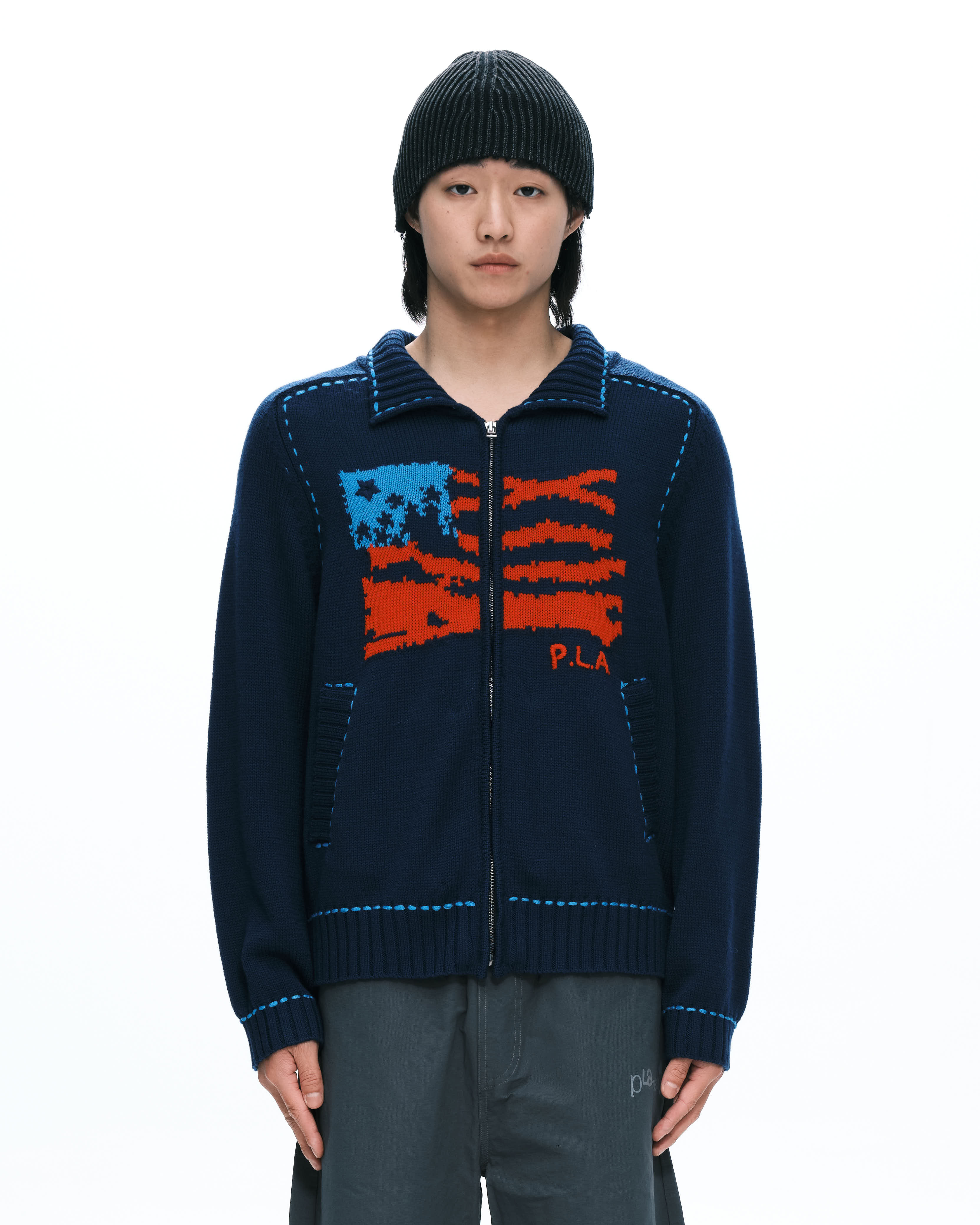 PLATEAU STUDIO｜Flag knit jacket (Navy)