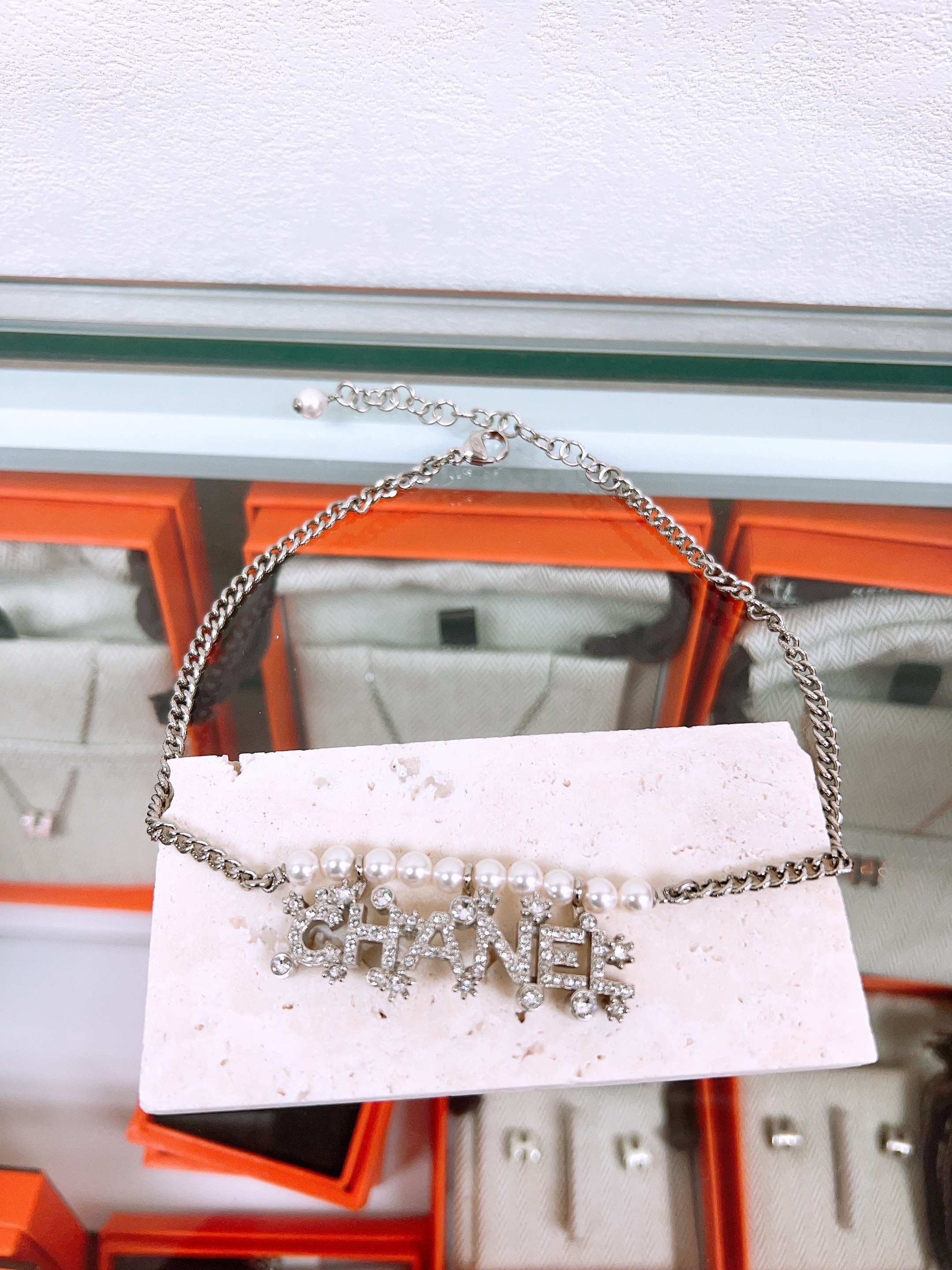 Chanel 23p crystal logo choker/ short necklace silver