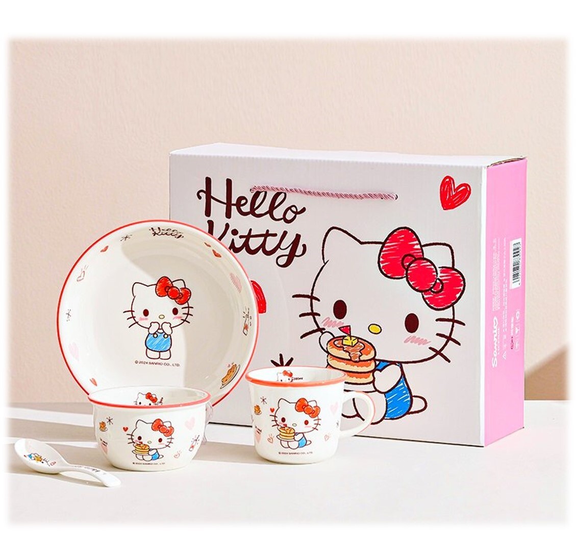 Hello Kitty  Sanrio| 4件餐具 陶瓷套裝(碗,碟,杯,匙)