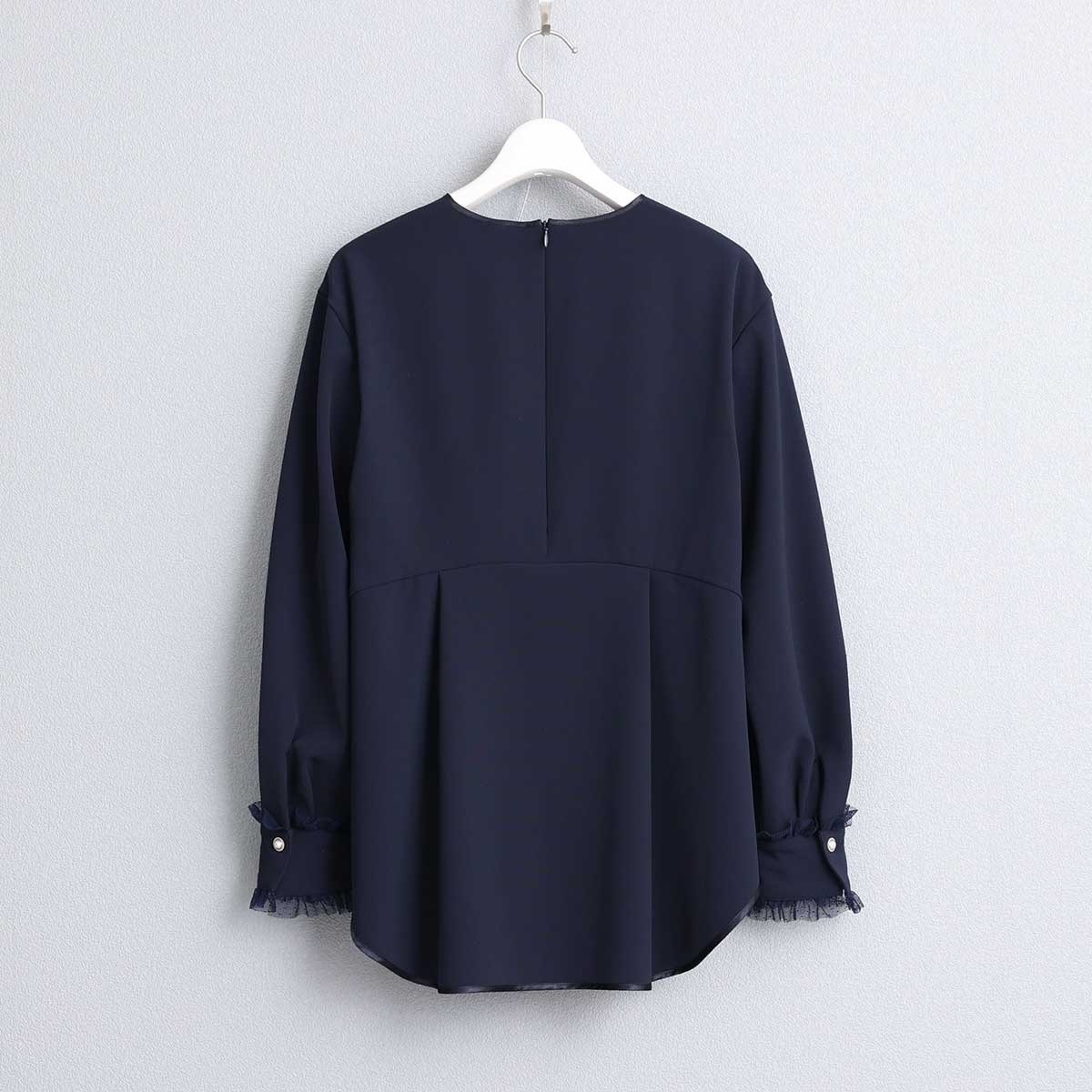 袖荷葉薄紗科技素材襯衫（深藍）