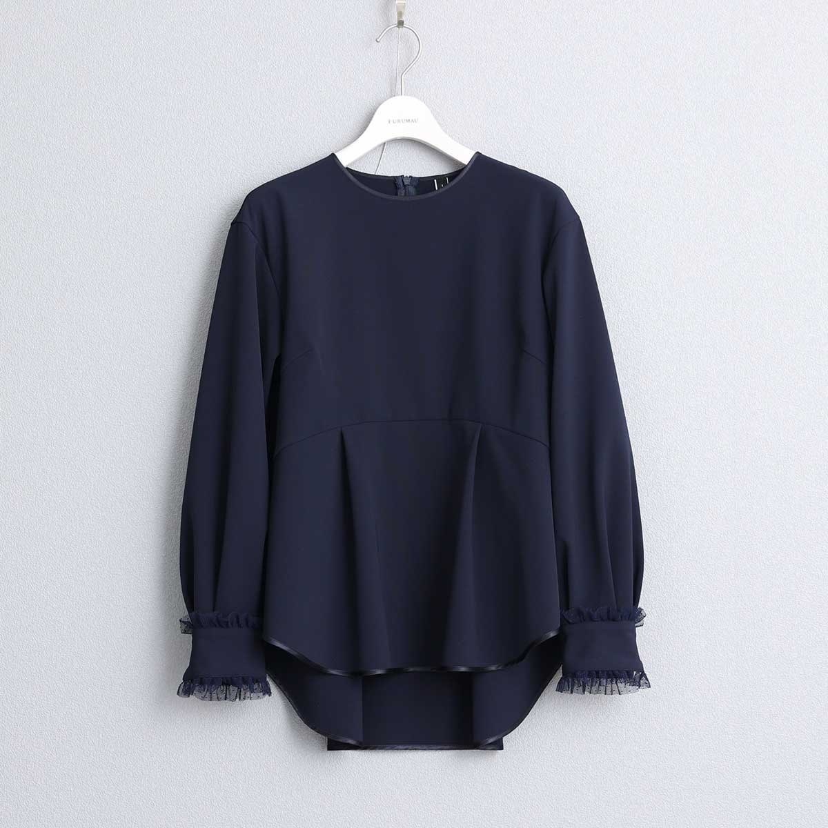 袖荷葉薄紗科技素材襯衫（深藍）