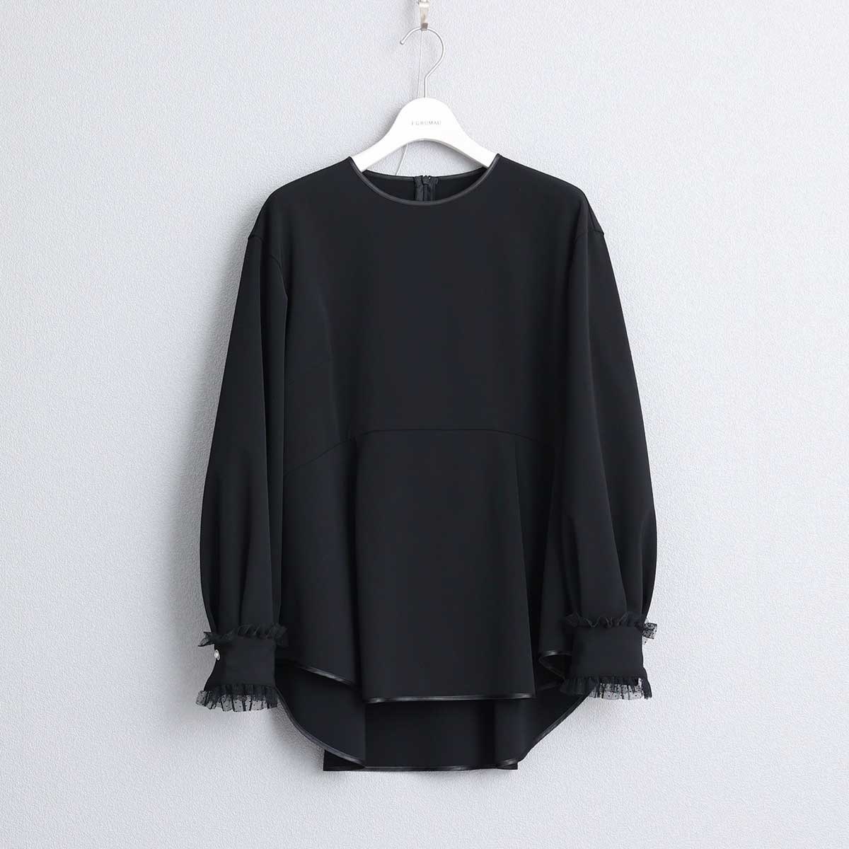 袖荷葉薄紗科技素材襯衫（黑）