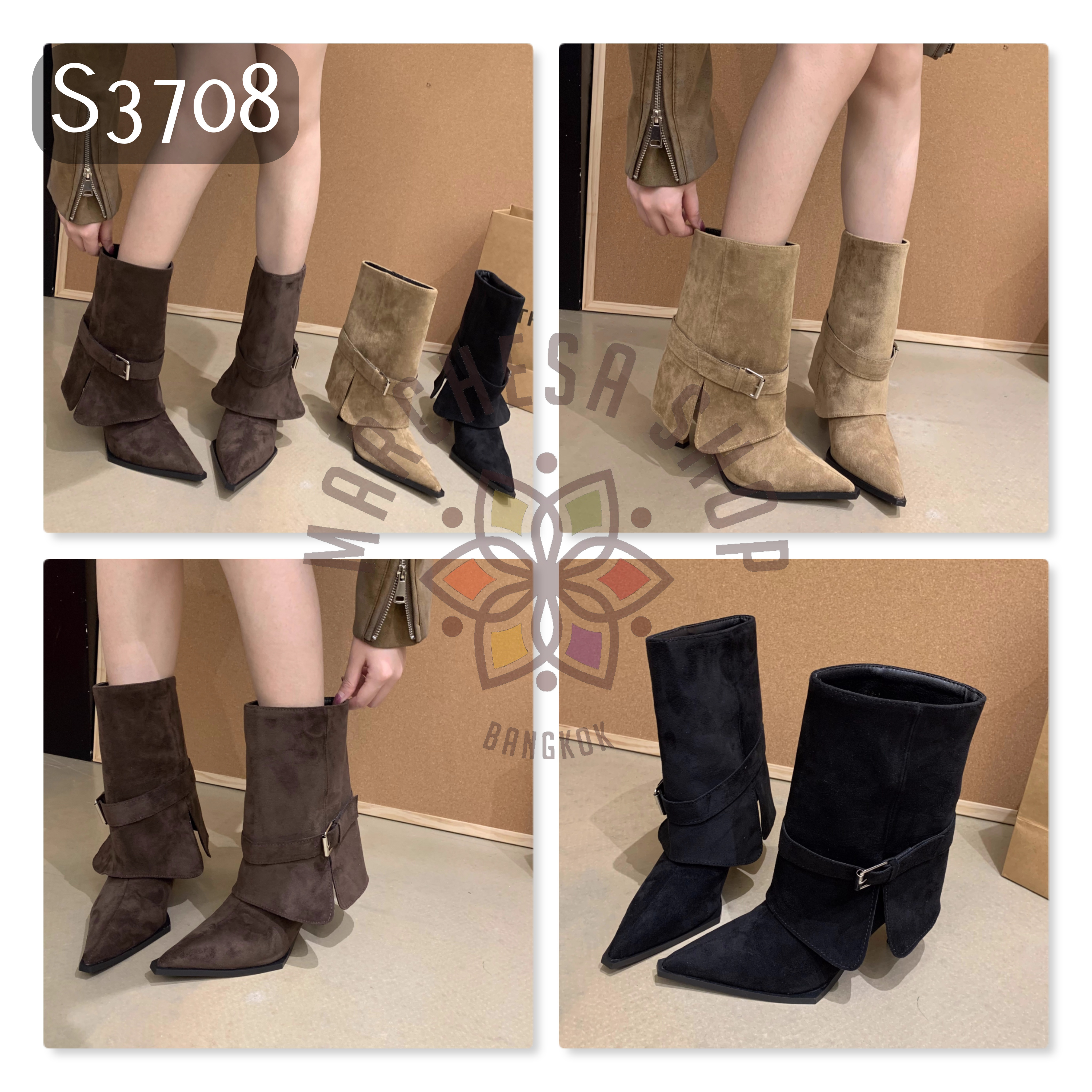 S3708 - 頭層羊猄皮扣帶尖頭濶腳短靴