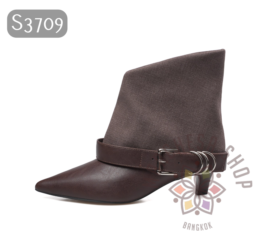 S3709 - 頭層羊皮拼牛仔帶扣帶尖頭濶腳踝靴