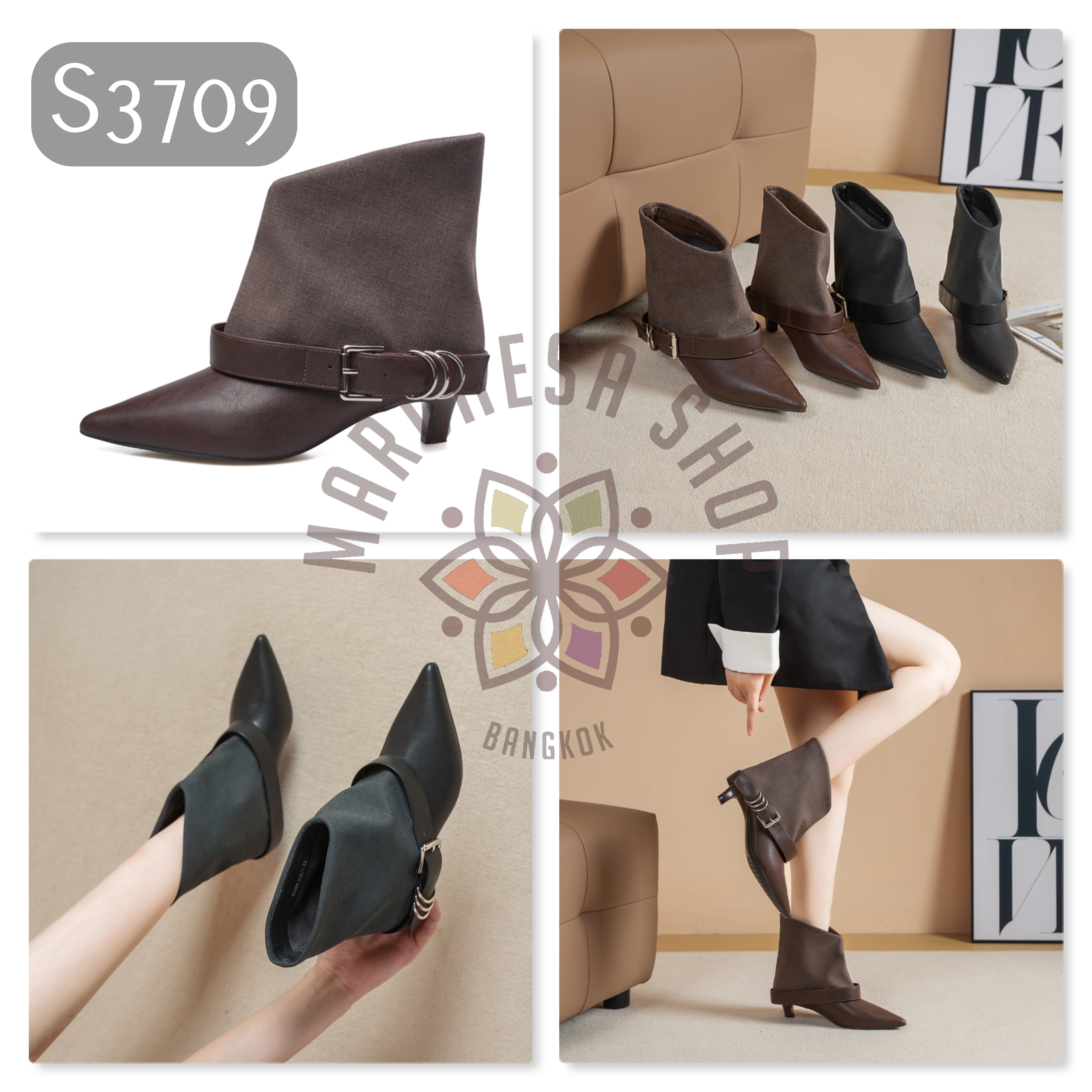 S3709 - 頭層羊皮拼牛仔帶扣帶尖頭濶腳踝靴