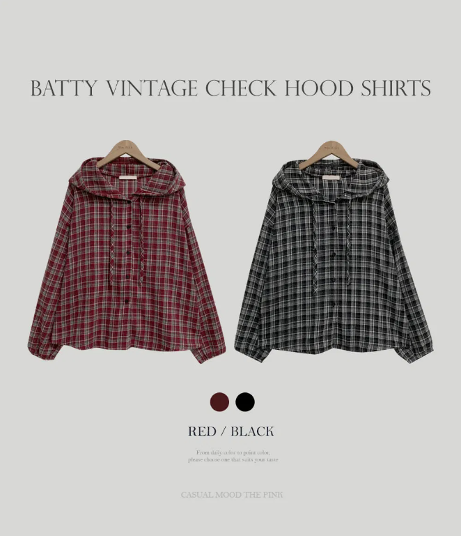 早秋預訂｜Batty Vintage 格紋紐扣連帽襯衫