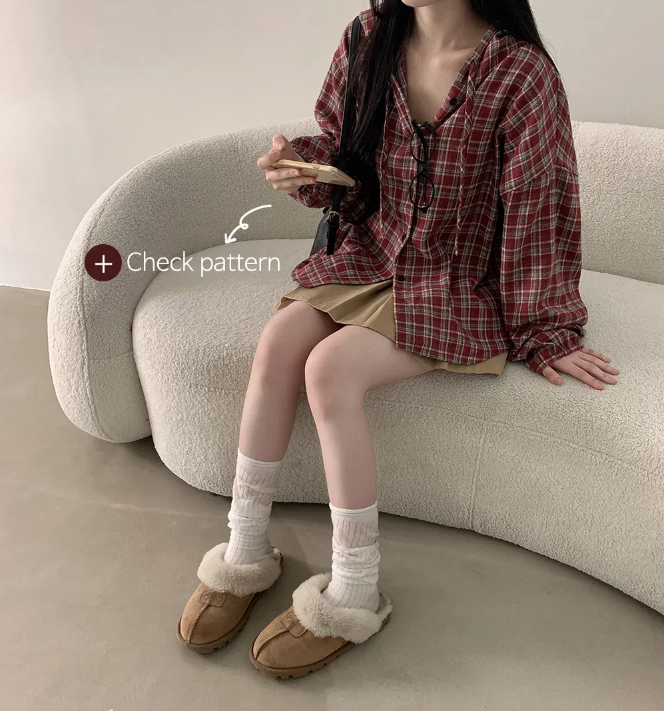 早秋預訂｜Batty Vintage 格紋紐扣連帽襯衫