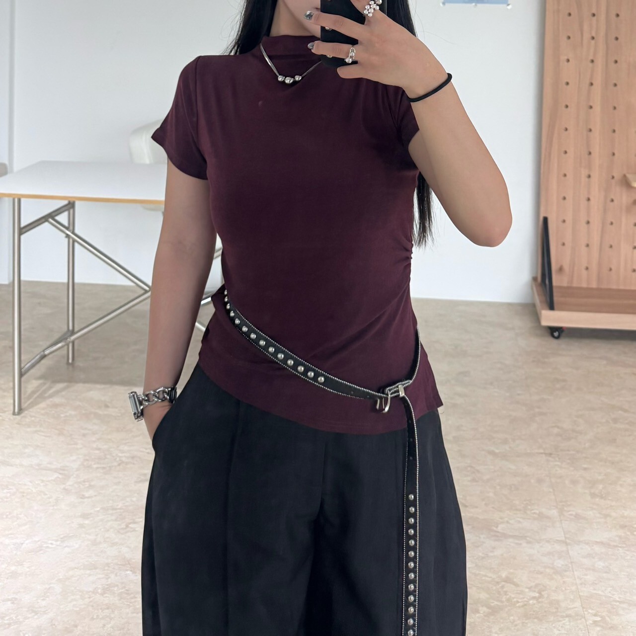 秋訊影像詩 下斜角抓皺立領短袖上衣