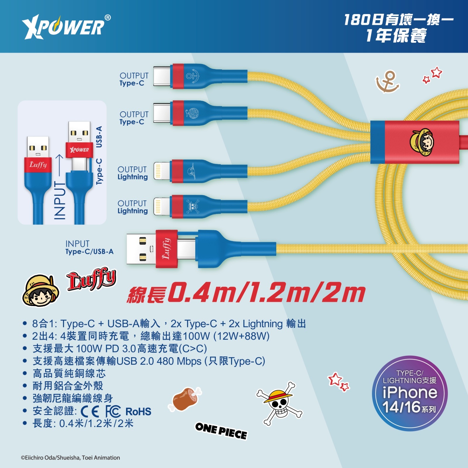 XPower x One Piece BC24 8合1 2出4 100W PD3.0 鋁合金傳輸快速充電線 (路飛)