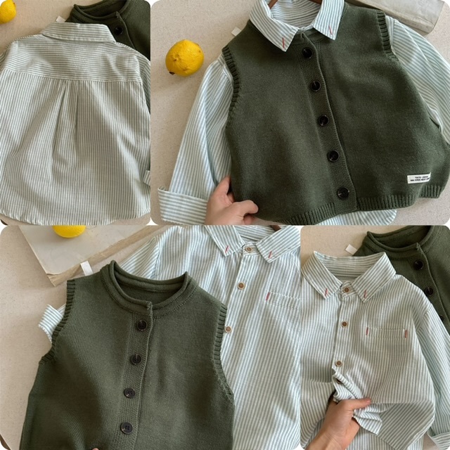 兒童韓版直條恤衫配背心套裝-2502351