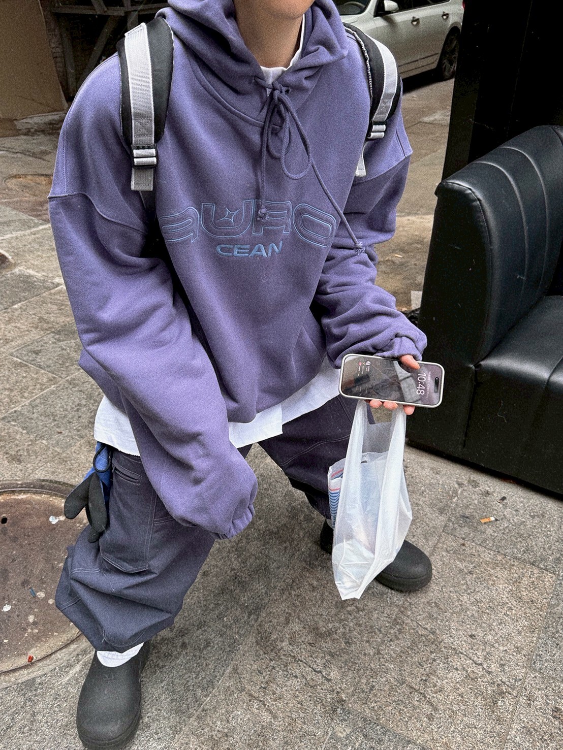 Aurocean 灰紫 復古撞色刺繡帽T