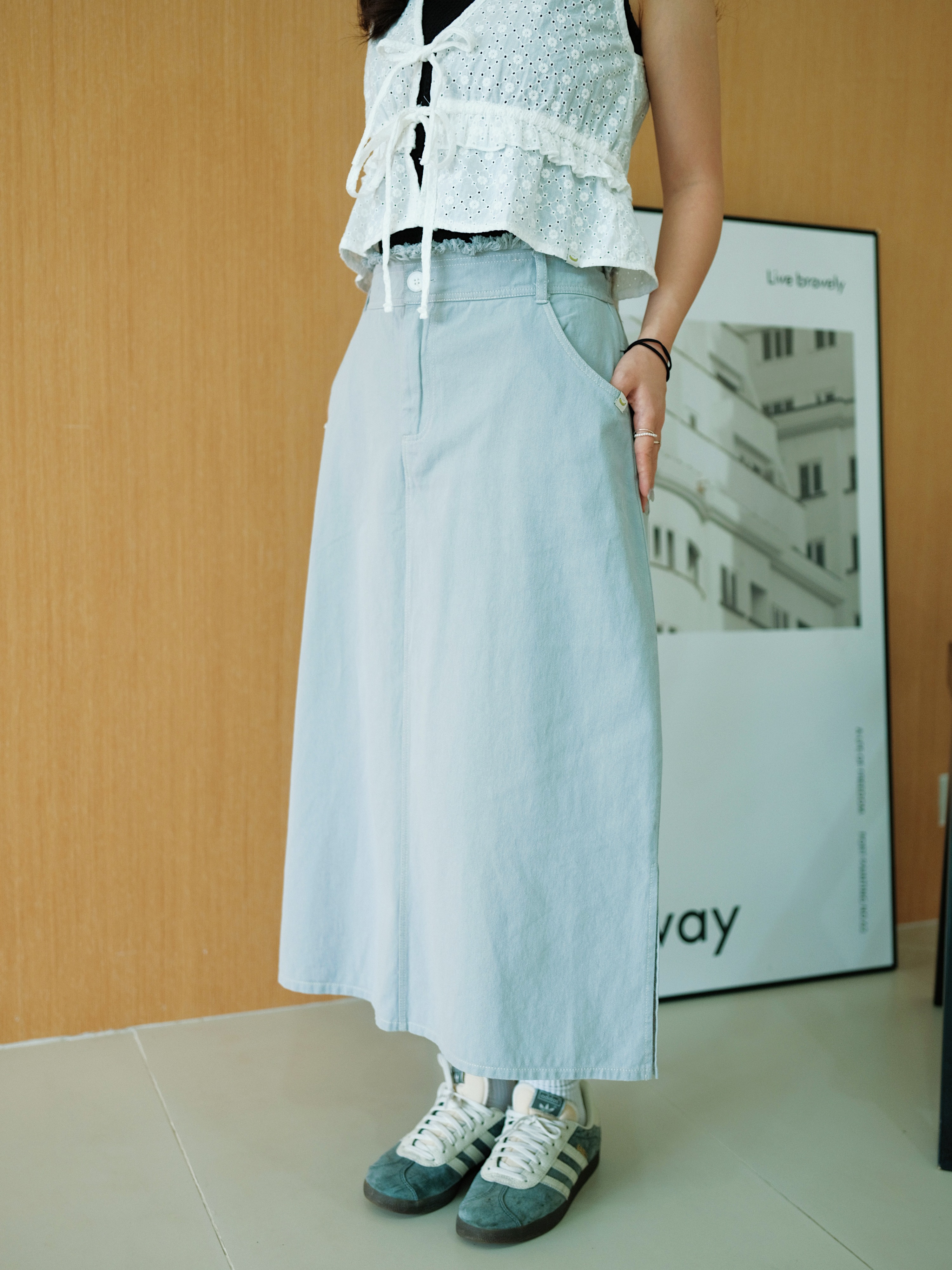 三色 / 明線流蘇兩側開衩長裙 / Contrast Stitch Frayed Hem Side-Slit Maxi Skirt