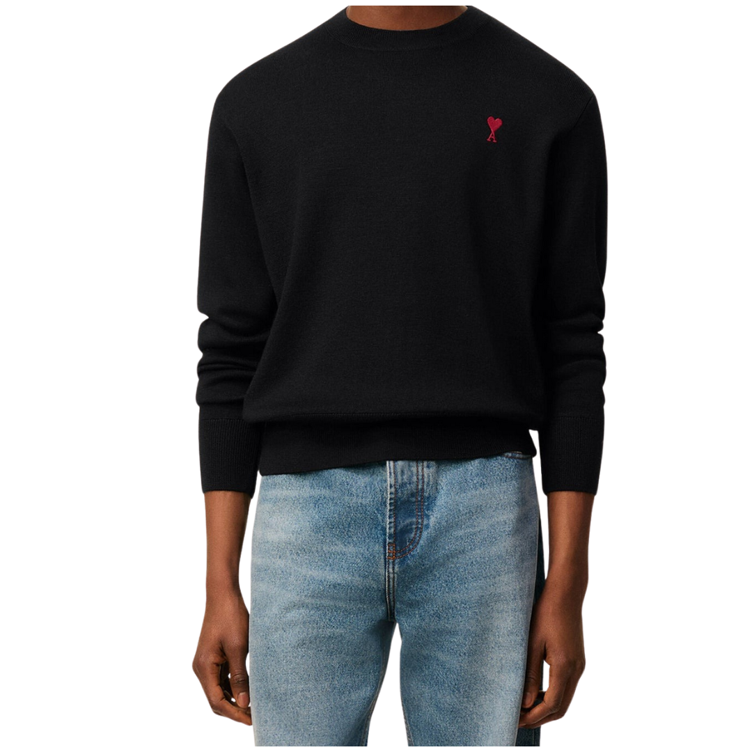 1LN0902-078 AMI Paris Black Wool Ami De Coeur Crewneck Sweater #HKS826.001.009 (C-BR-E)