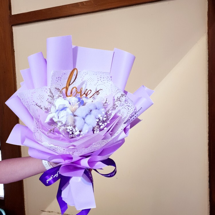 紫色香皂花棉花花束,學生獻花,表演獻花,男生花束,畢業花束