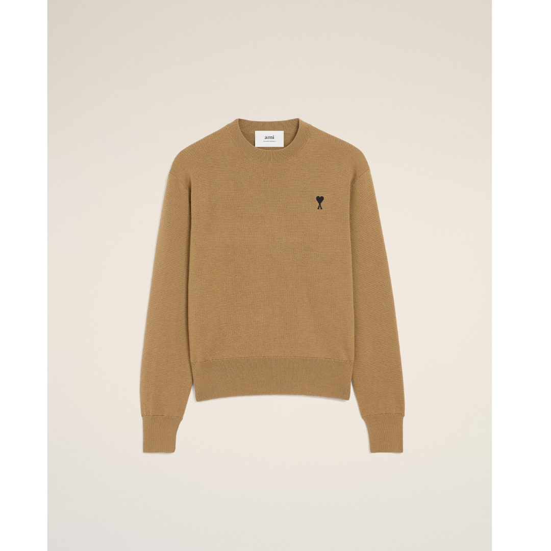 1LN0902-079 AMI Paris Brown Wool Ami De Coeur Crewneck Sweater #HKS826.001.288 (C-BR-E)