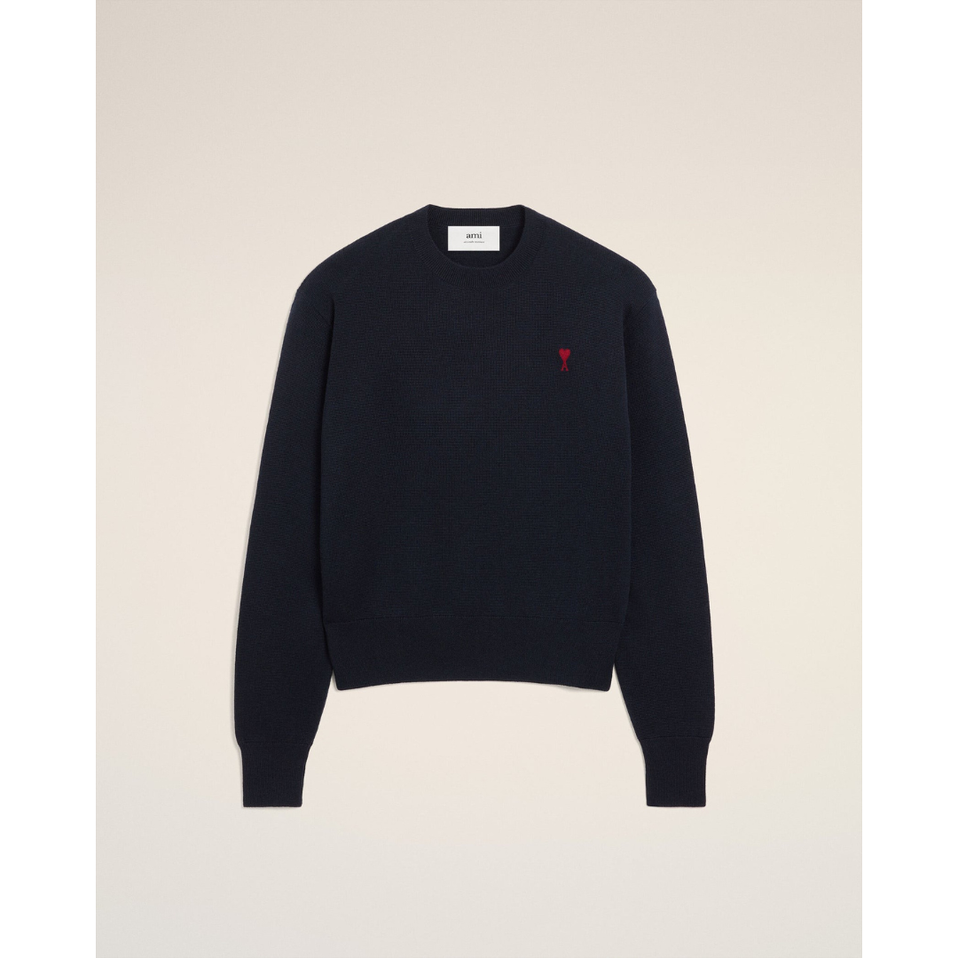 1LN0902-080 AMI Paris Wool Ami De Coeur Crewneck Sweater Blue #HKS826.001.414 (C-BR-E)
