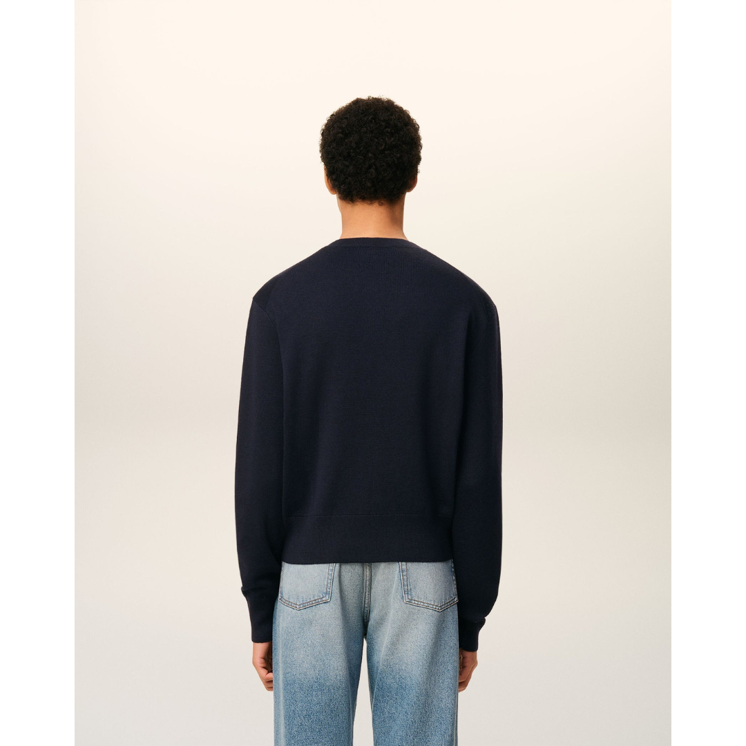 1LN0902-080 AMI Paris Wool Ami De Coeur Crewneck Sweater Blue #HKS826.001.414 (C-BR-E)