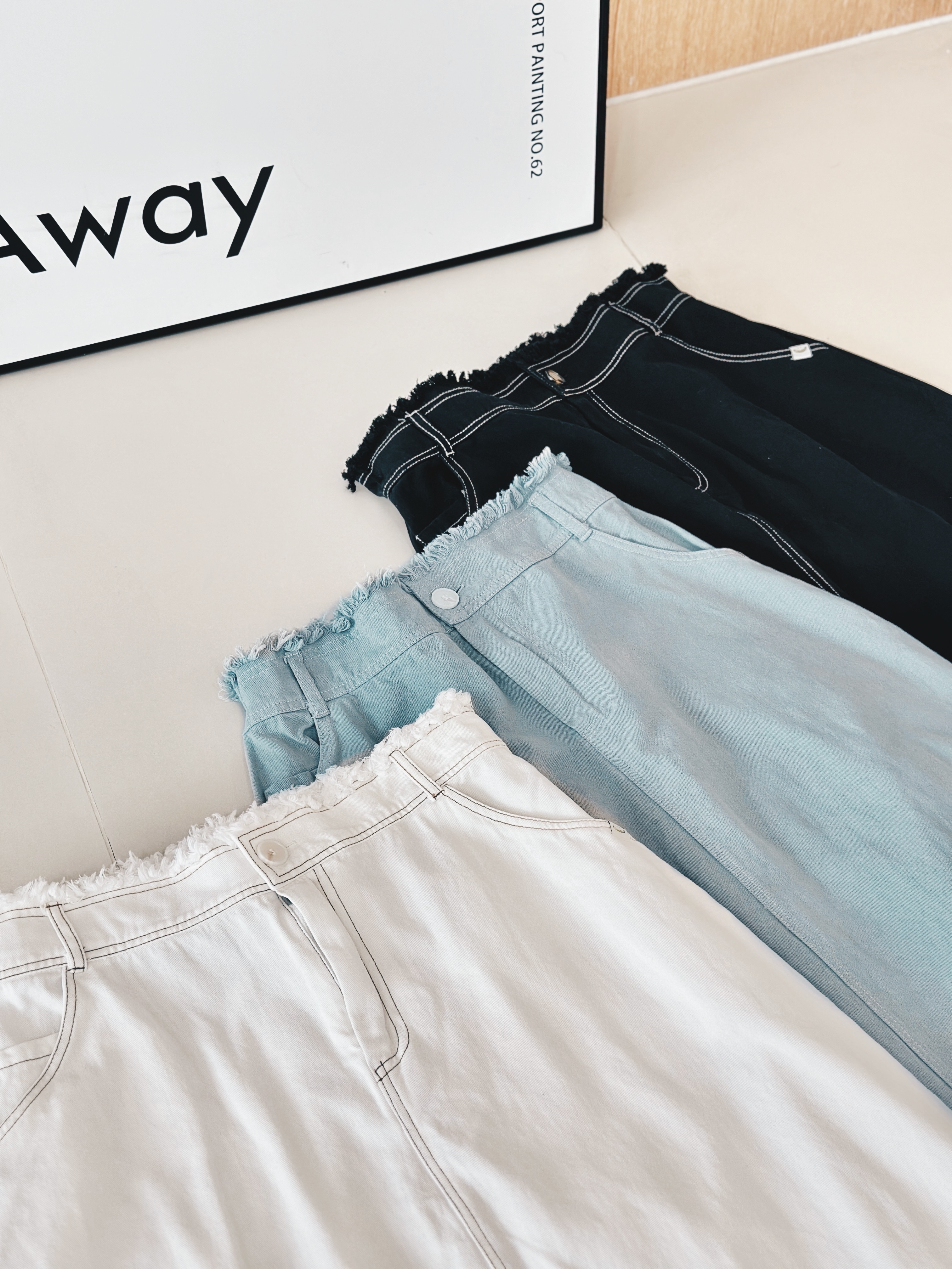 三色 / 明線流蘇兩側開衩長裙 / Contrast Stitch Frayed Hem Side-Slit Maxi Skirt