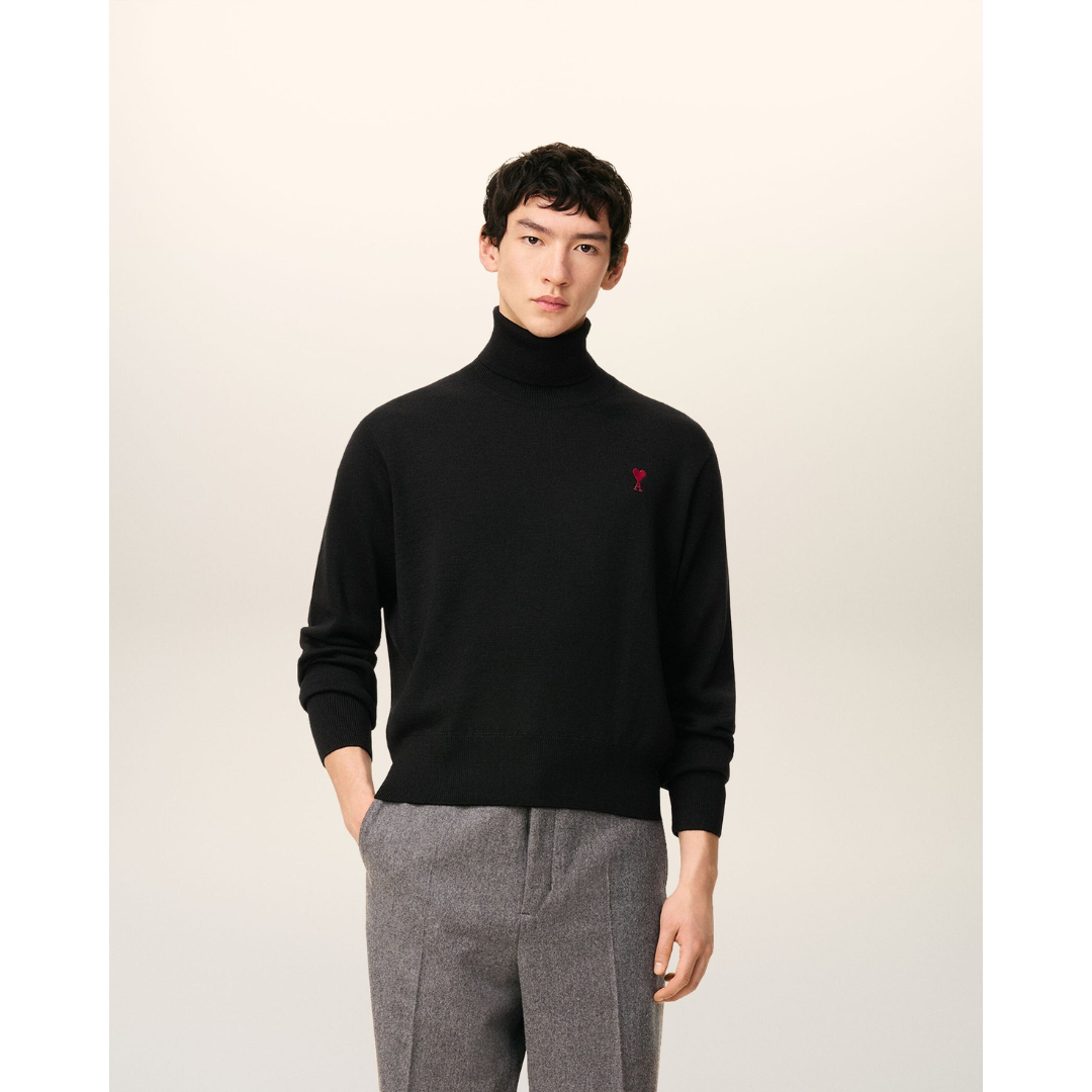 1LN0902-082 AMI Paris Black Wool Ami De Coeur Turtle Neck Sweater #HKS827.001.009 (C-BR-E)