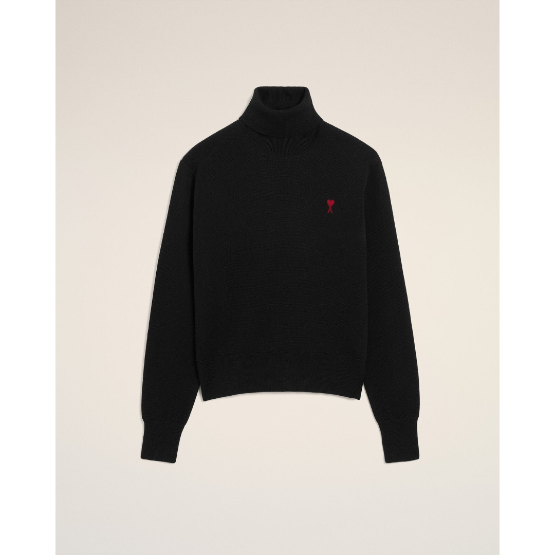 1LN0902-082 AMI Paris Black Wool Ami De Coeur Turtle Neck Sweater #HKS827.001.009 (C-BR-E)