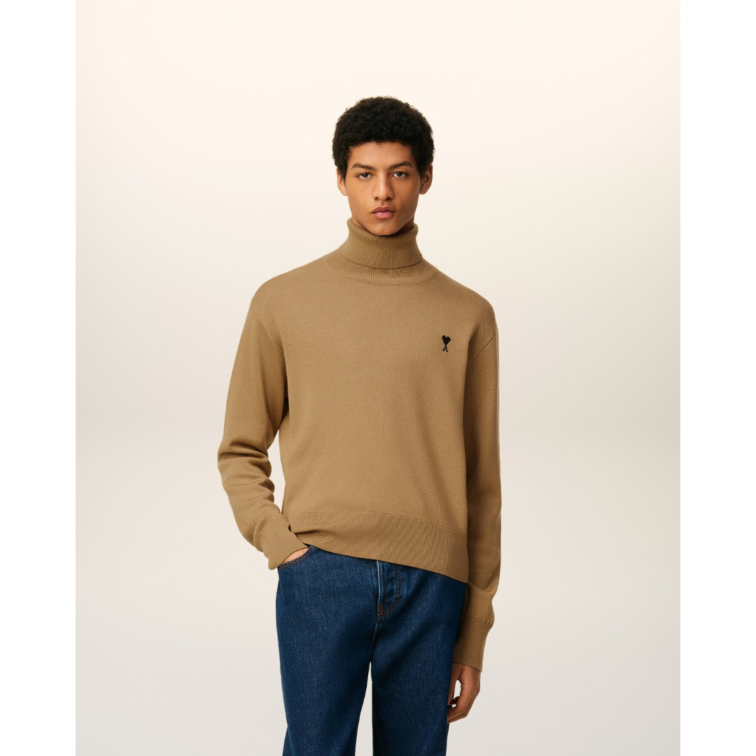 1LN0902-084 AMI Paris Brown Wool Ami De Coeur Turtle Neck Sweater #HKS827.001.288 (C-BR-E)