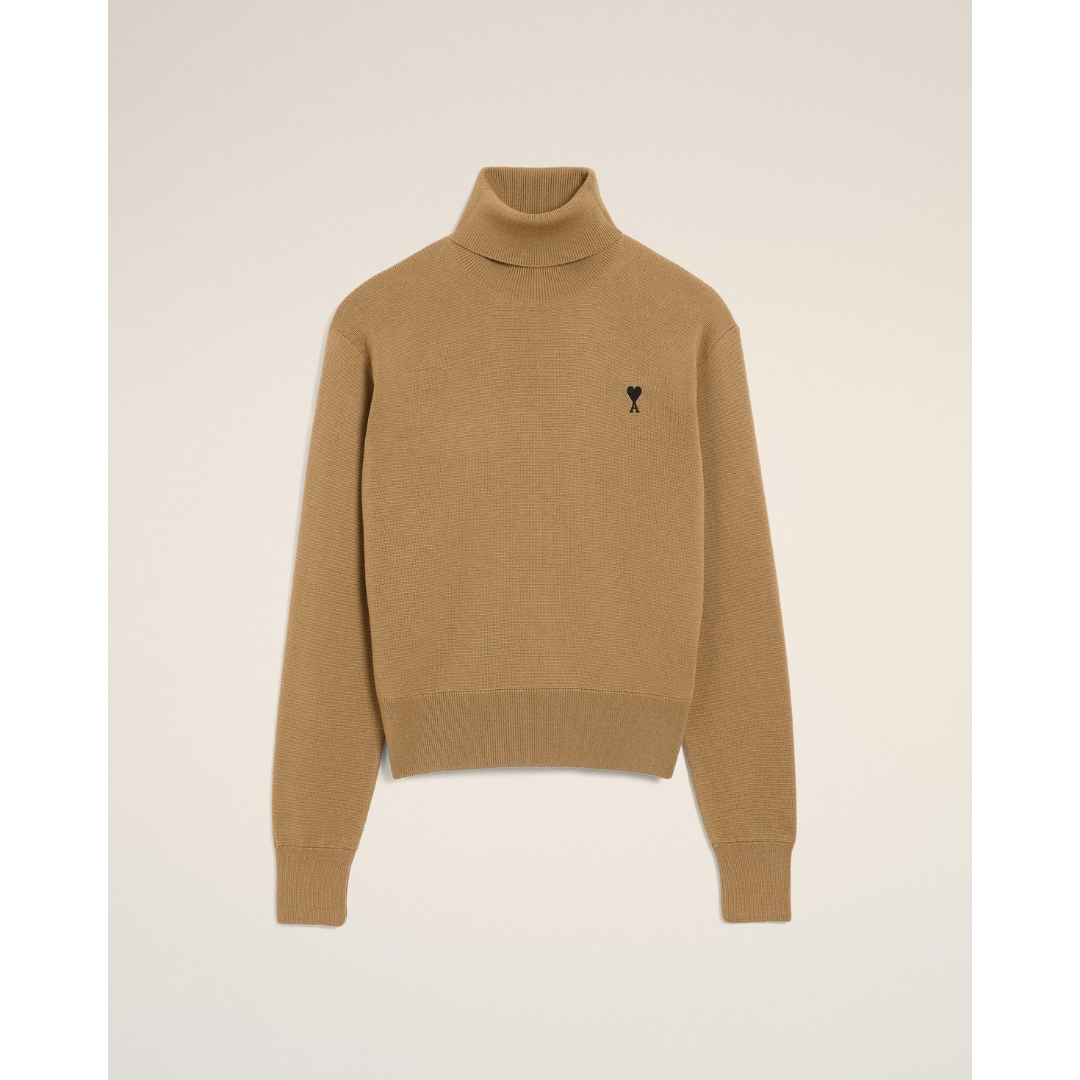 1LN0902-084 AMI Paris Brown Wool Ami De Coeur Turtle Neck Sweater #HKS827.001.288 (C-BR-E)