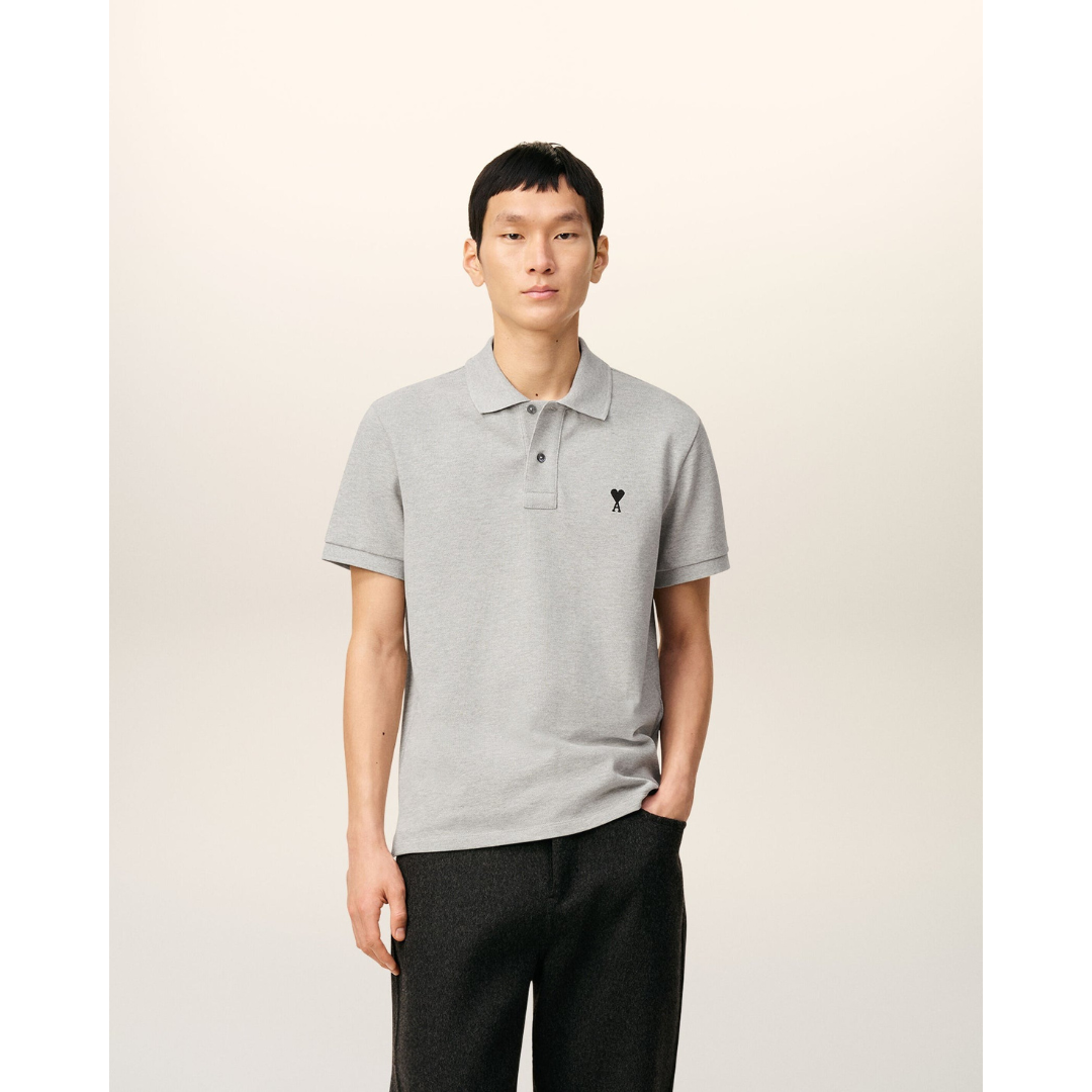 1LN0902-087 AMI Paris  Cotton Contrasted Ami De Coeur Polo Shirt Grey #HPL411.760.0951 (C-BR-E)