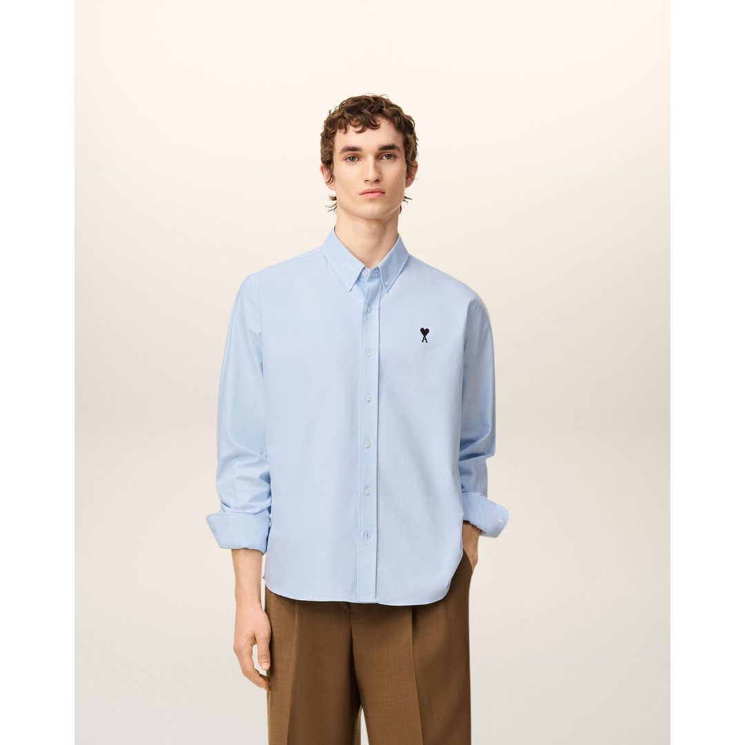 1LN0902-089 AMI Paris Blue Cotton Button Down Ami De Coeur Shirt #HSH763.CO0031.450 (C-BR-E)