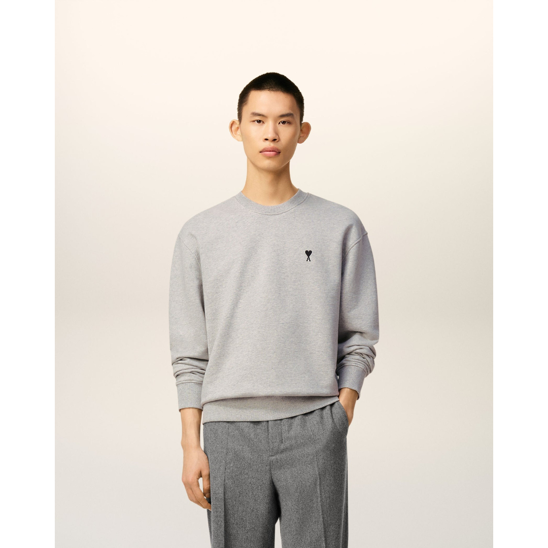 1LN0902-092 AMI Paris Grey Cotton Ami De Coeur Sweatshirt #HSW763.730.0951 (C-BR-E)