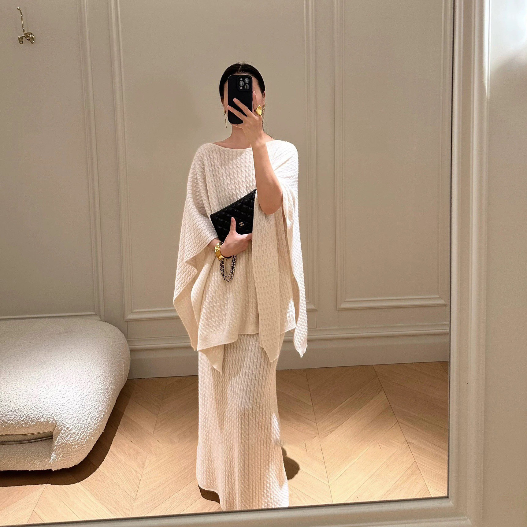 雲朵白麻花針織斗篷上衣+長裙SET-F (Elegant & Love)