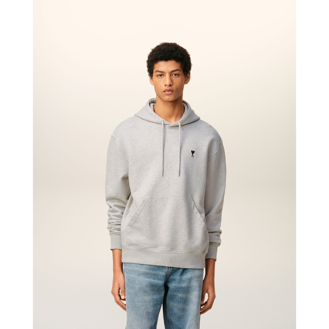 1LN0902-095 AMI Paris Grey Cotton Ami De Coeur Hoodie #HSW764.730.0951 (C-BR-E)