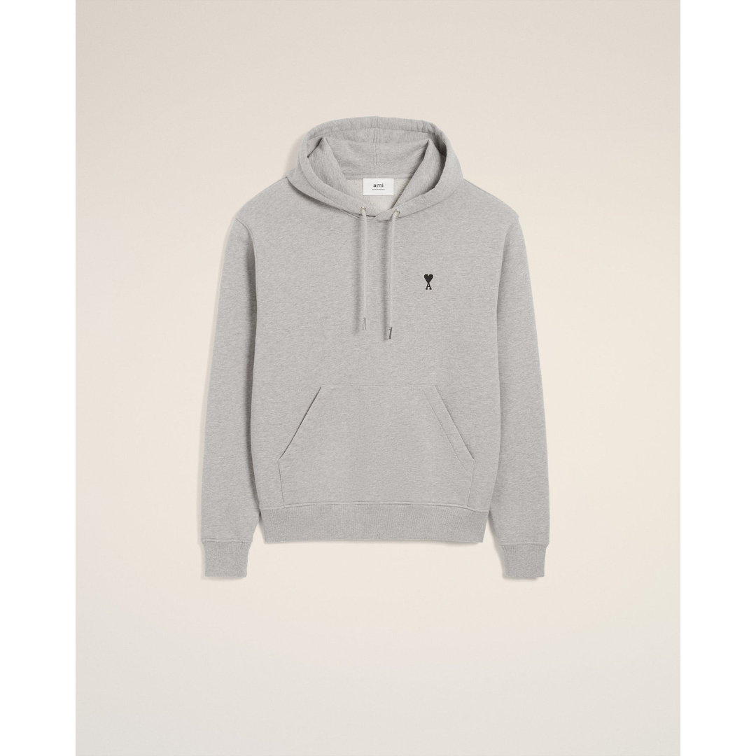 1LN0902-095 AMI Paris Grey Cotton Ami De Coeur Hoodie #HSW764.730.0951 (C-BR-E)