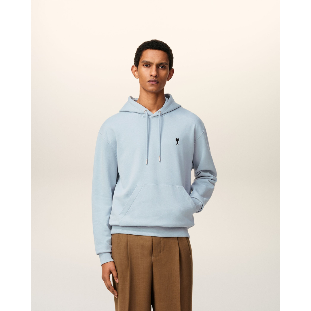 1LN0902-097 AMI Paris Blue Cotton Contrasted Ami De Coeur Hoodie #HSW764.730.4506 (C-BR-E)