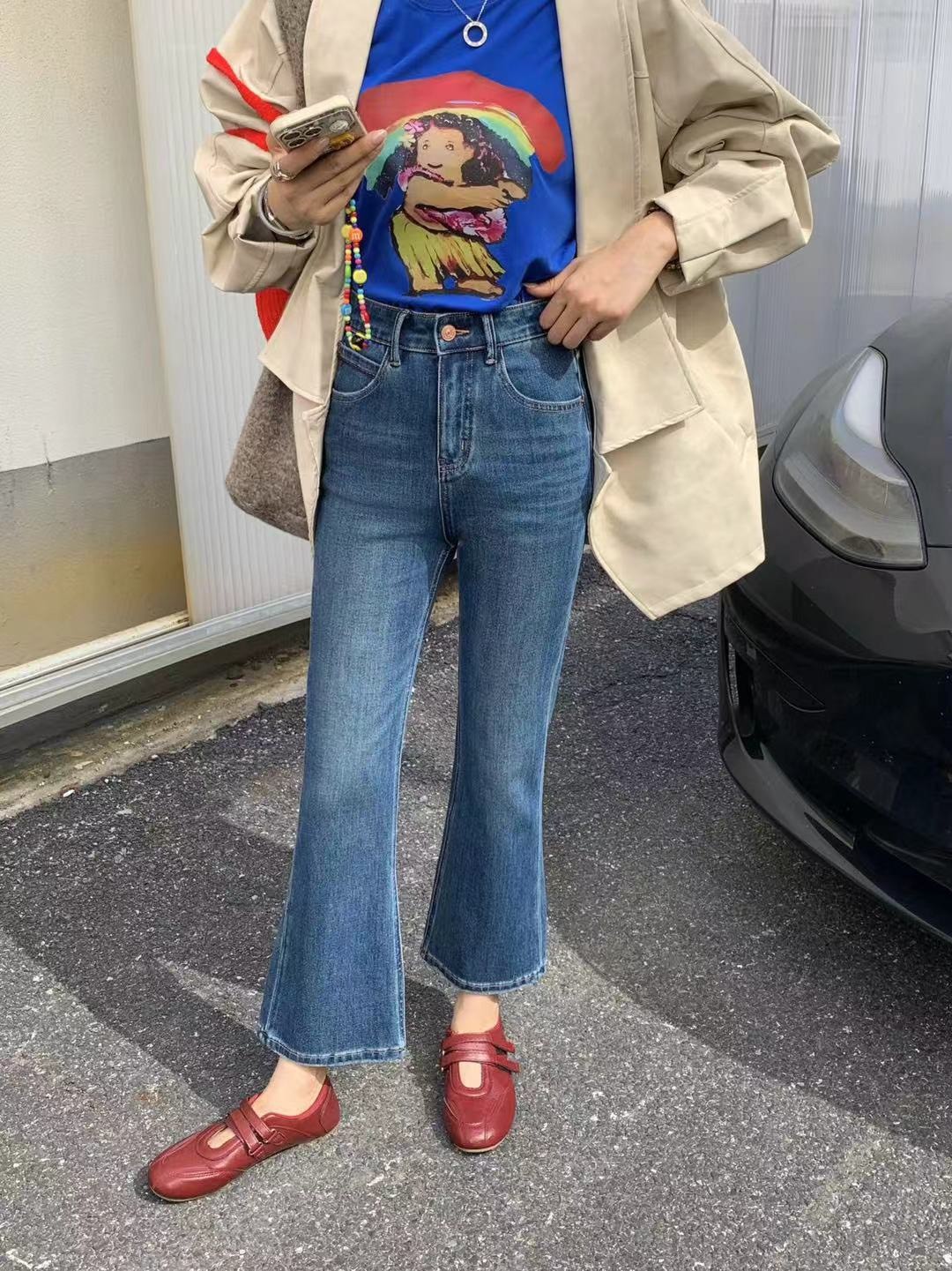 Nellie&Co.織色線語九分微喇叭牛仔褲