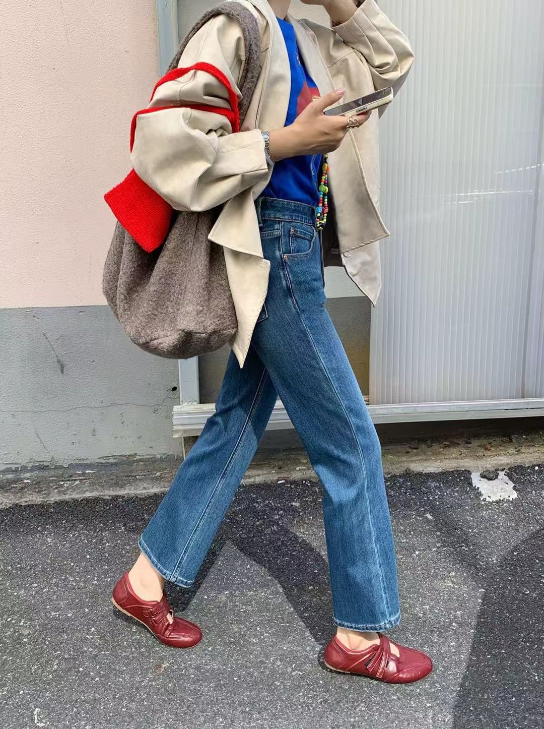 Nellie&Co.織色線語九分微喇叭牛仔褲