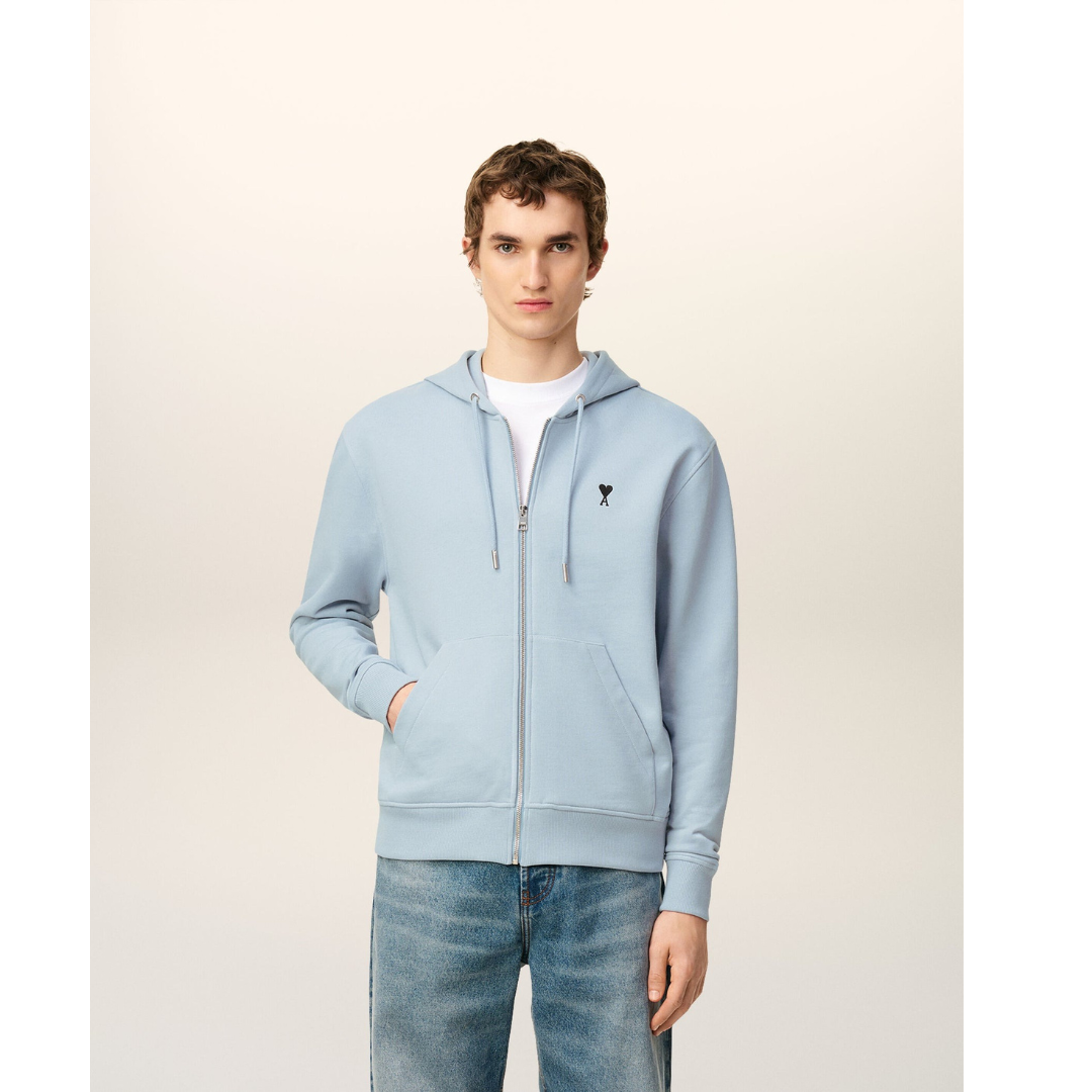 1LN0902-099 AMI Paris Blue Cotton Zipped Ami De Coeur Hoodie #HSW765.730.4506 (C-BR-E)