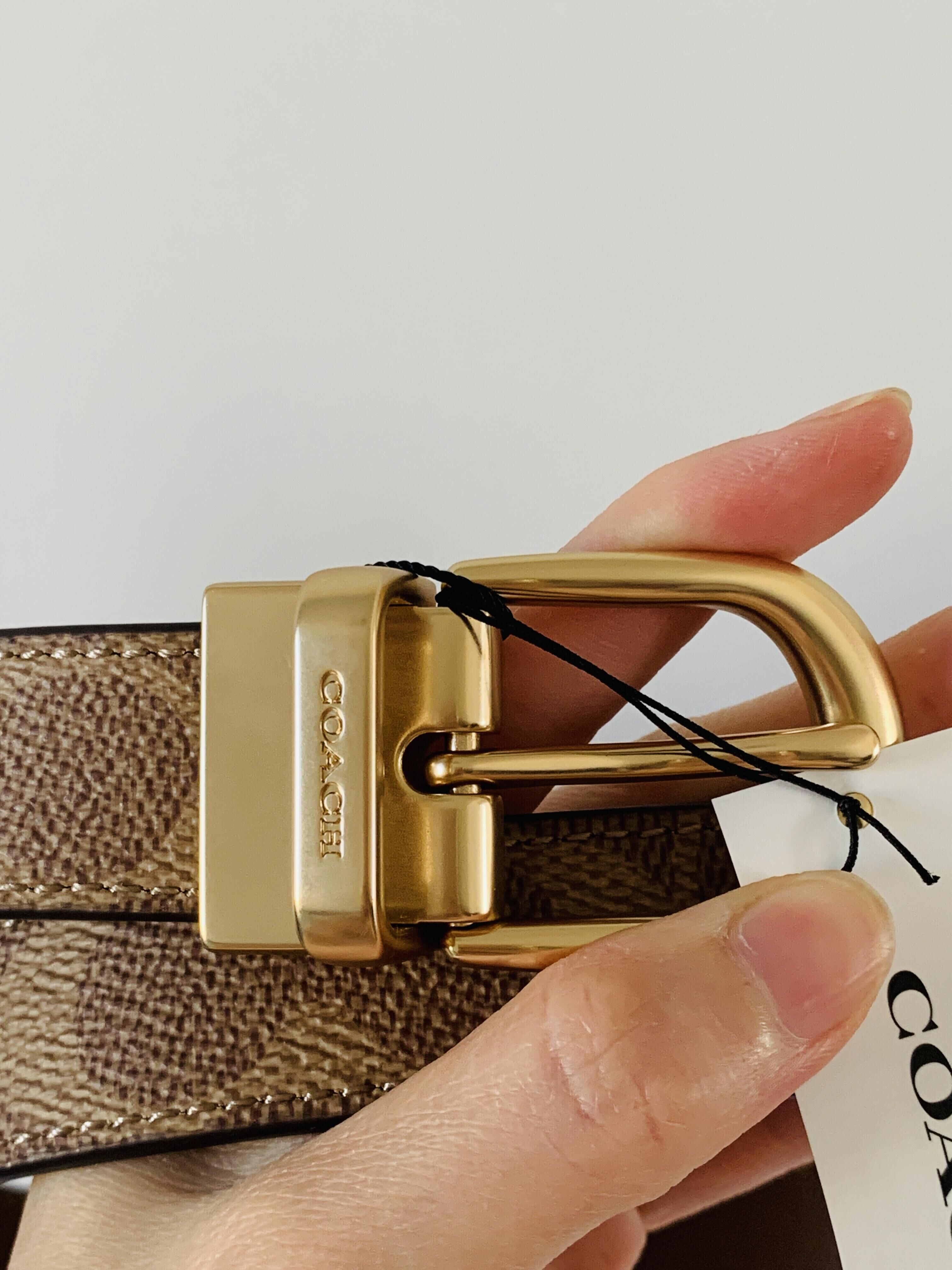 代購-COACH Logo標識 塗層帆布 皮帶 女款 金色/棕褐色/棕色 寬2.5cm