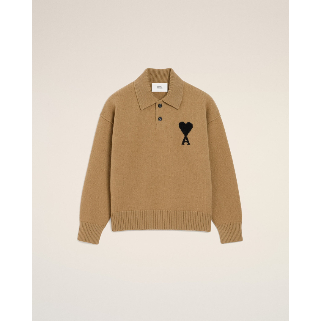 1LN0902-107 AMI Paris Brown Wool Ami De Coeur Polo #UPL409.018.288 (C-BR-E)