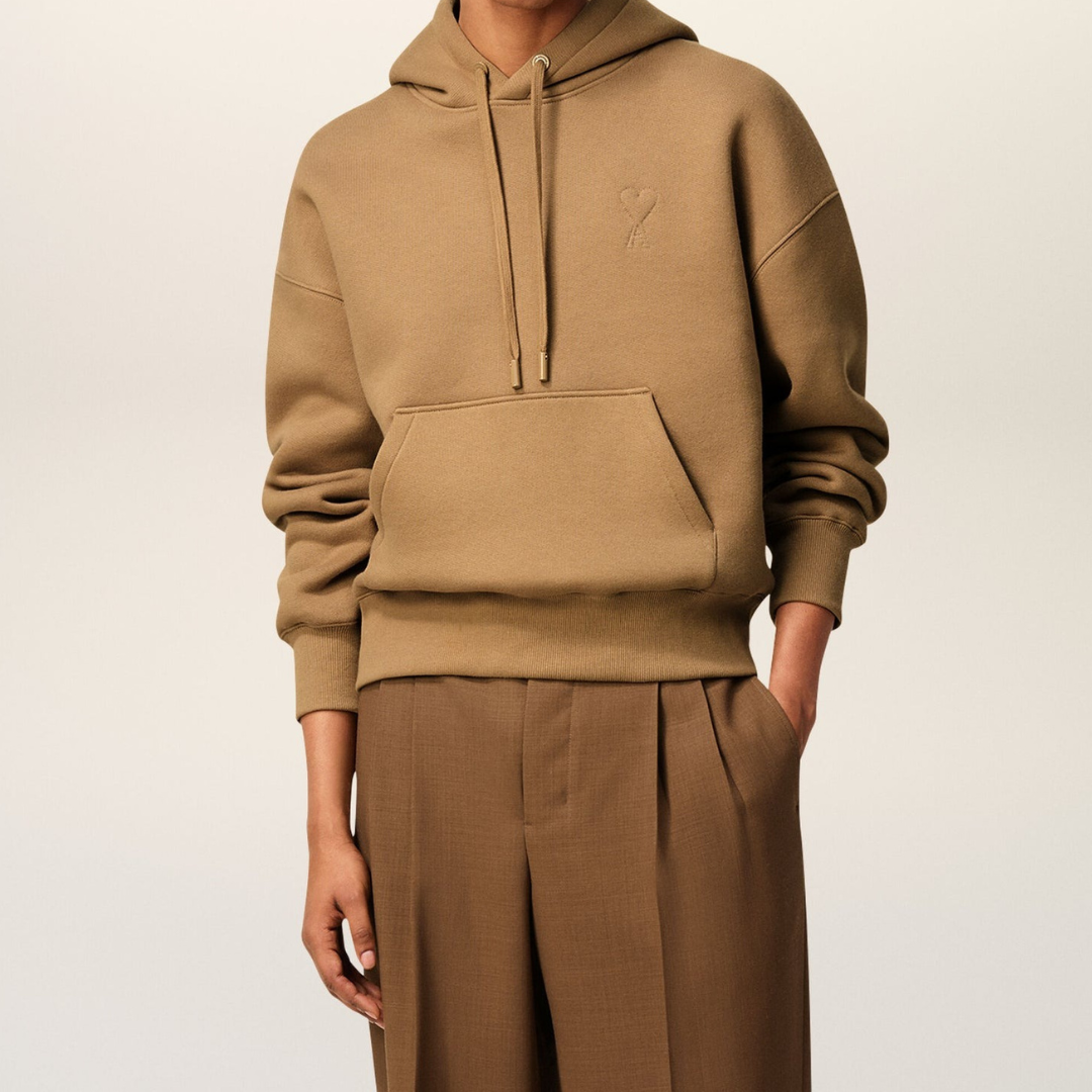 1LN0902-110 AMI Paris Brown Cotton Ami De Coeur Hoodie #USW756.749.280 (C-BR-E)