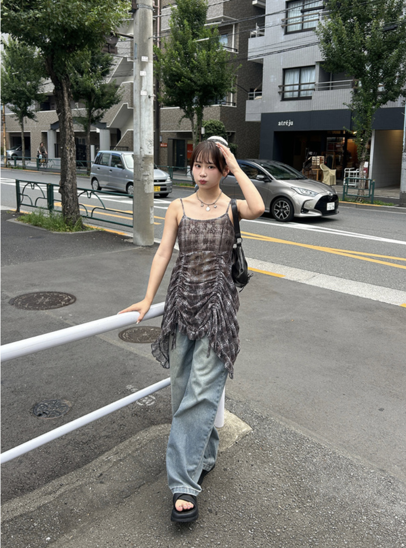 JP1064｜日本直送！超美格紋蕾絲抽繩吊帶OPS⊹ ࣪ ˖