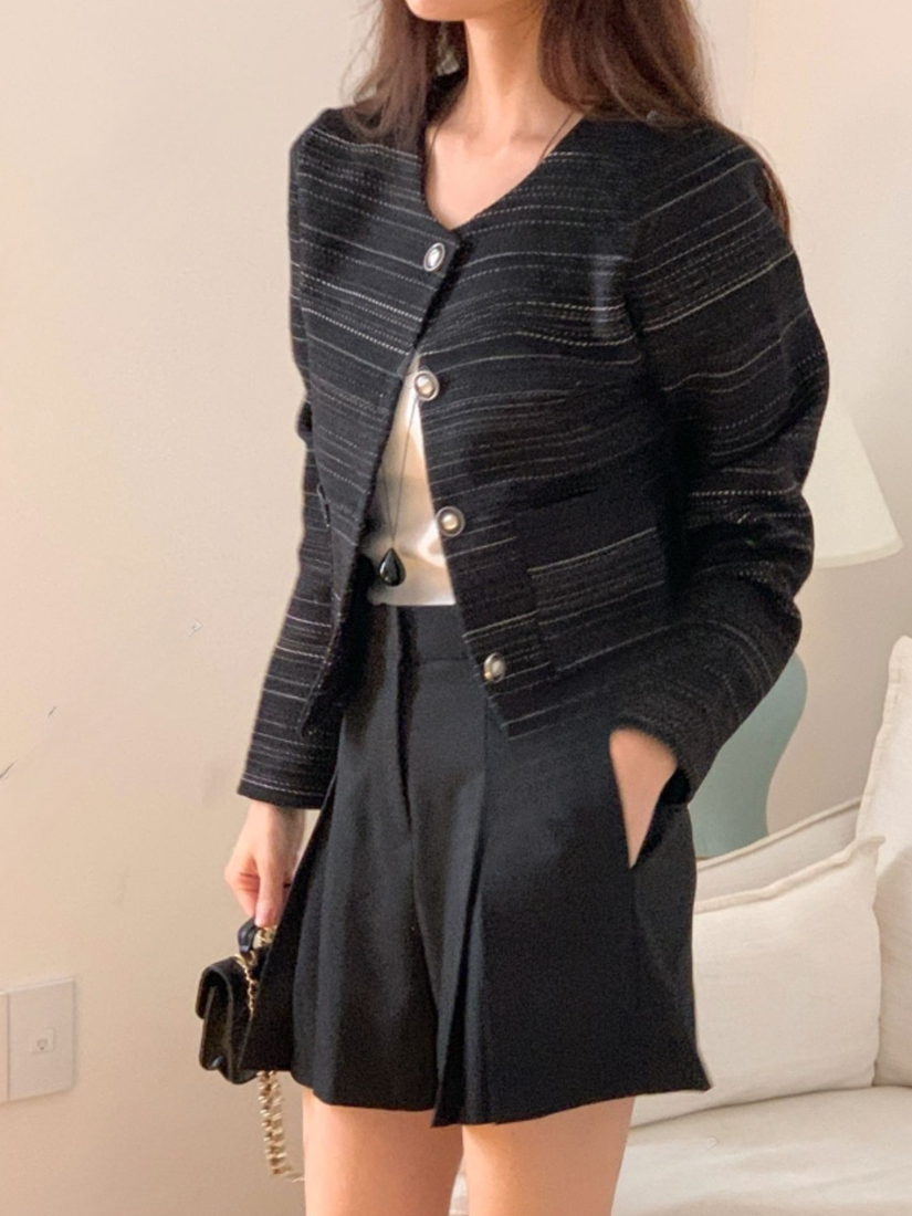 Gladys Pearl Button Striped Round Neck Cardigan [ 2 colors / Free ]