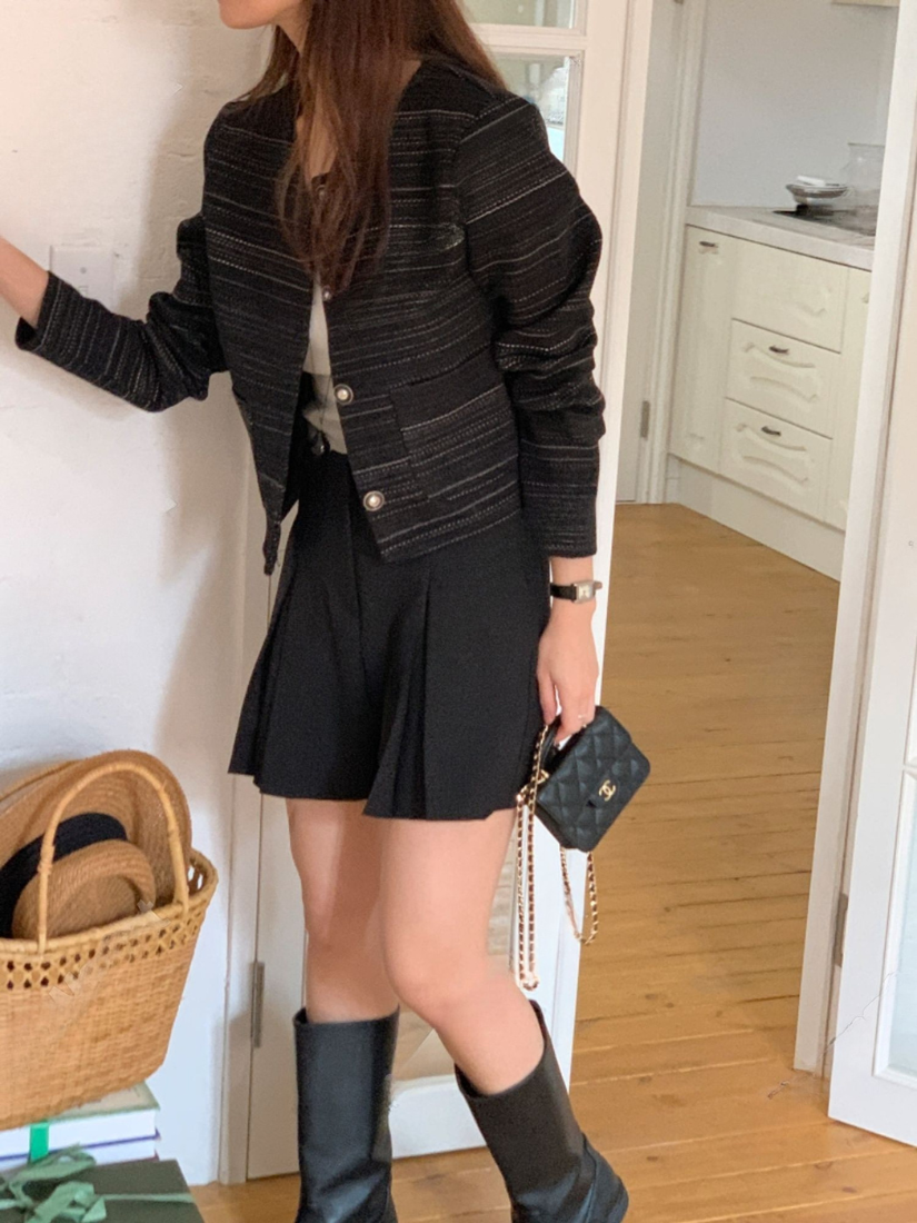 Gladys 珠釦橫條圓領外套 [ 2色 / Free ]